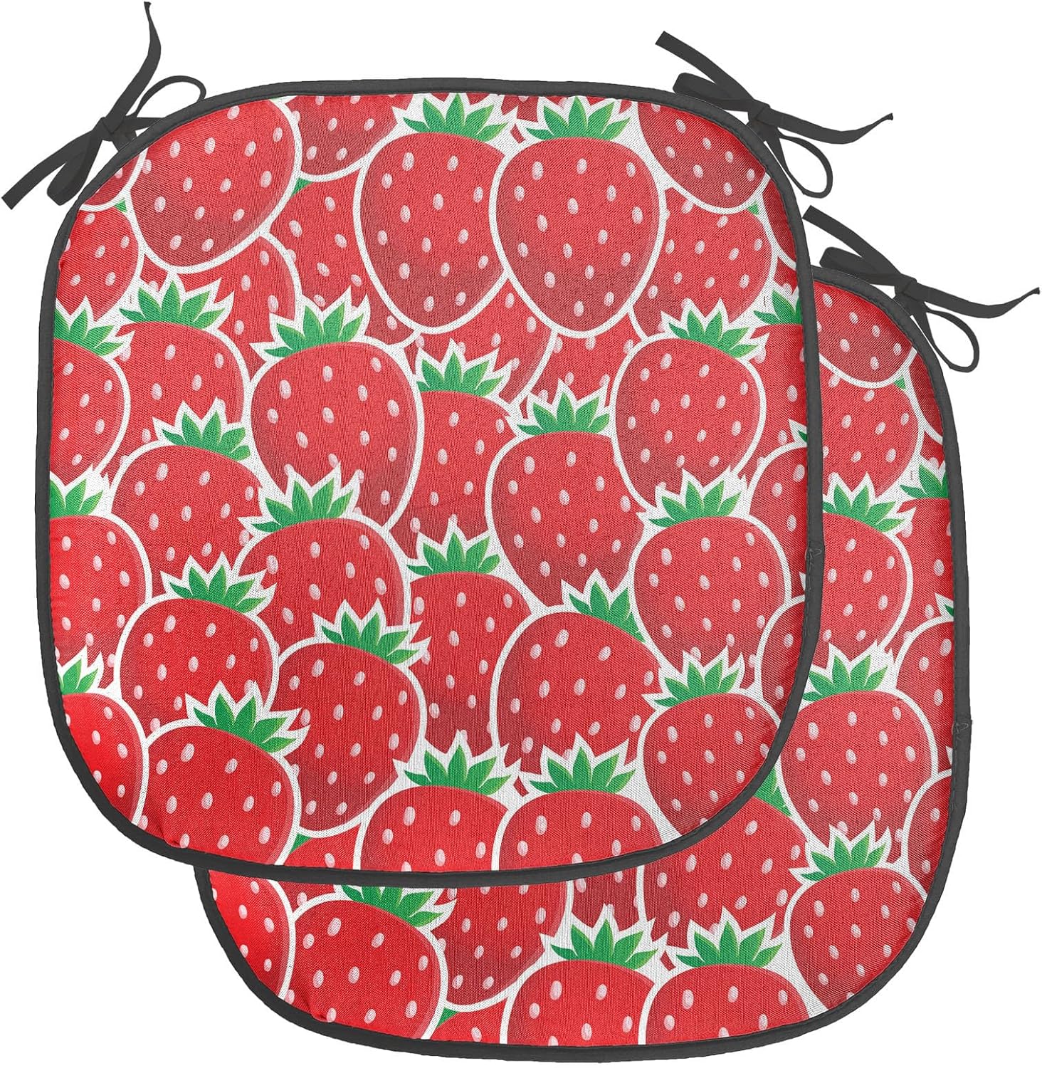 Ambesonne Fruits Chair Seating Cushion Set of 4, Strawberry Themed Botany Yummy Food Art Garden Growth Themed Art Print, Anti-Slip Seat Padding for Kitchen & Patio, 16"x16", Hunter Green and Red