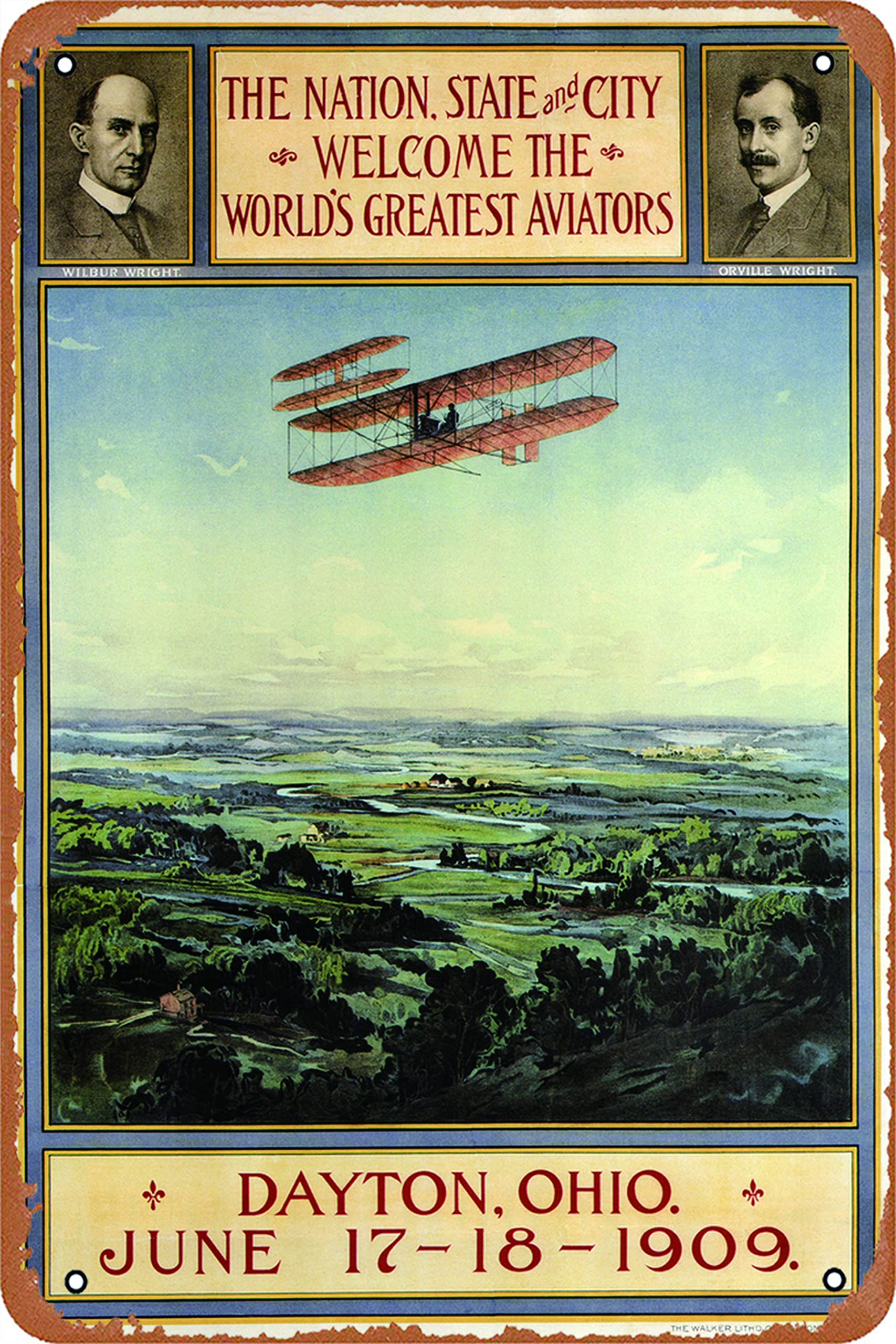 Wright Brothers Worlds Greatest Aviators Dayton Ohio 1909 Vintage Travel Sign Biplane Orville Wilbur Aviation Stretched CanvasVintage Metal Tin Sign Wall Art Decor Garden Bar Cafe Poster 8x12 Inches