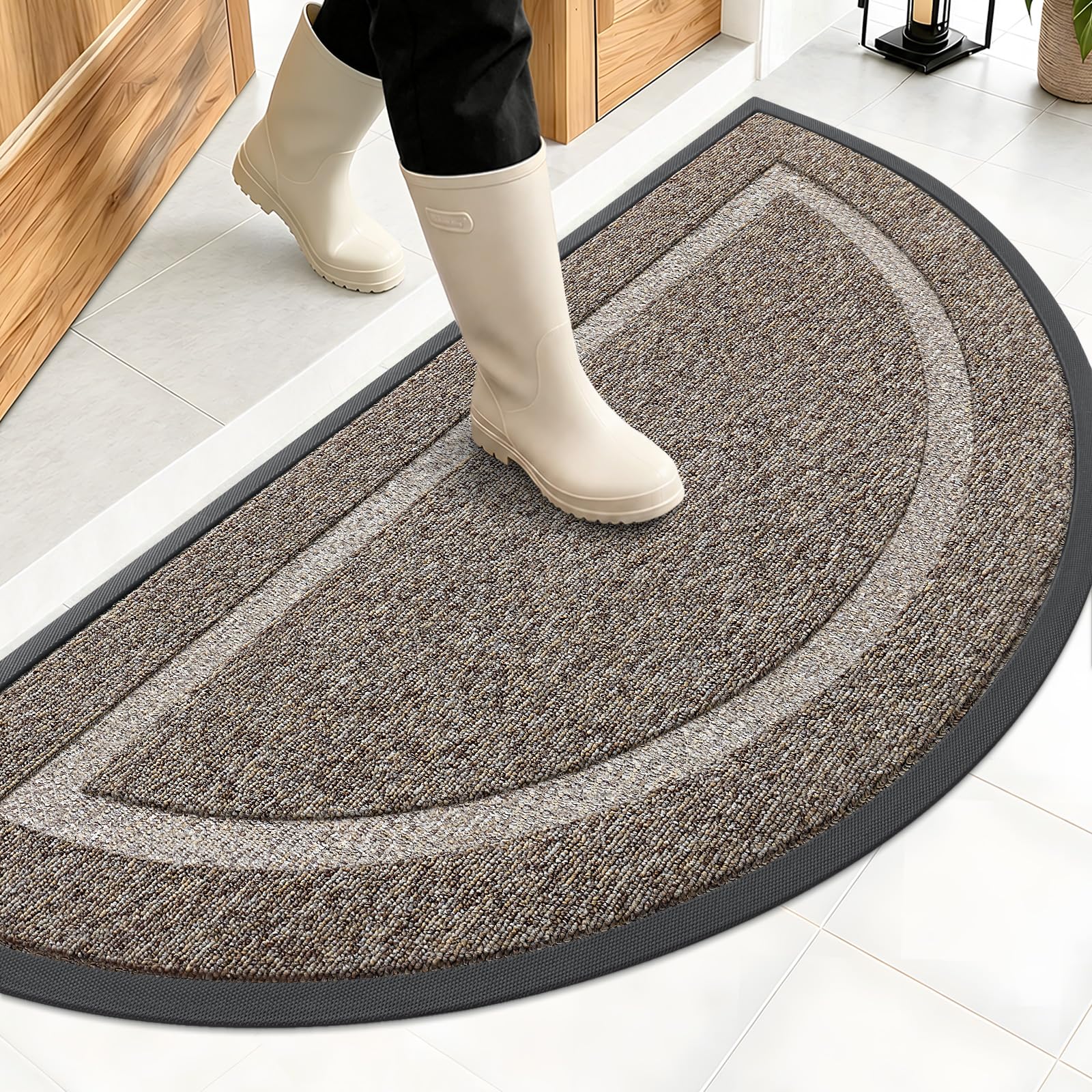 OLANLY Half Circle Front Door Mat Outside 47x23 All-Season Rubber Doormat | Khaki and White, Absorbent, Heavy-Duty, Stain and Fade Resistant, Non-Slip Backing, Low-Profile Indoor Outdoor Entryway Mat