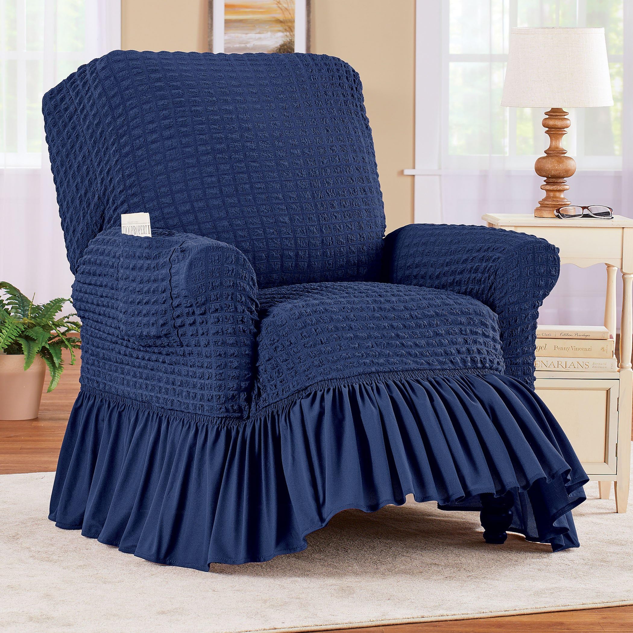 Collections Etc Textured Squares Ruffled Slipcover Navy Recliner