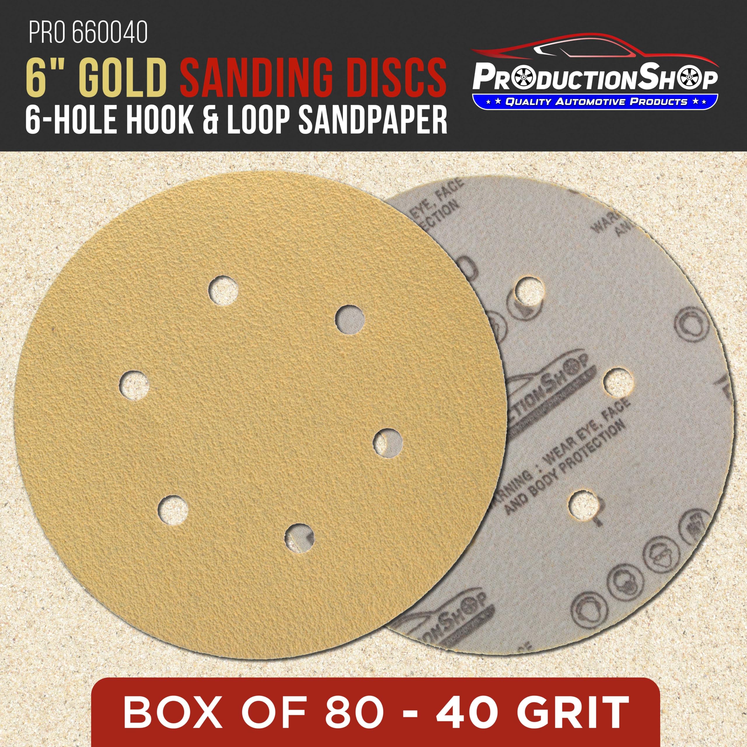 ProductionShop Discos de lijado dorados de grano 40 de 6 pulgadas, patrón de 6 agujeros, caja de 80 – Papel de lija de respaldo de velcro sin polvo para lijadoras orbitales DA y aleatorias, pintura de