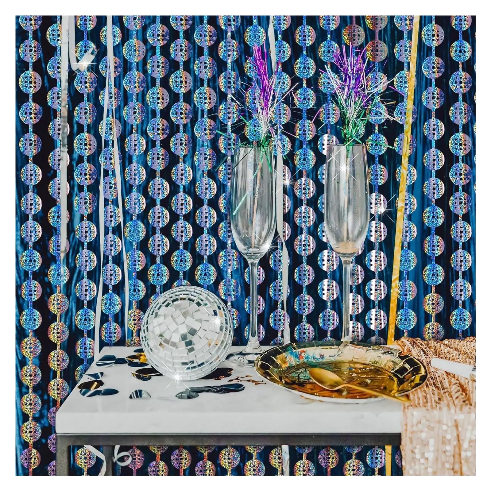Décorations de Rideaux en Papier d'aluminium, Rideau à Franges en guirlandes, Toile de Fond for Photos, for soirées Disco des années 70 et 80, Argent, Paquet 3(Round Curtain,2Pack)