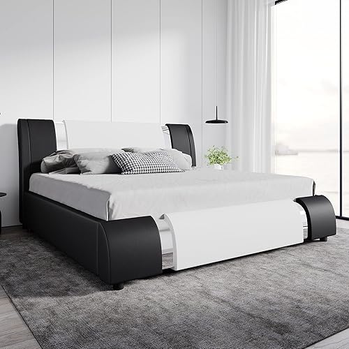 Miniatura 8 de SHA CERLIN Base de cama de plataforma Queen con decoración de piezas de hierro y cabecera ajustable, cama moderna tapizada de lujo con soporte de