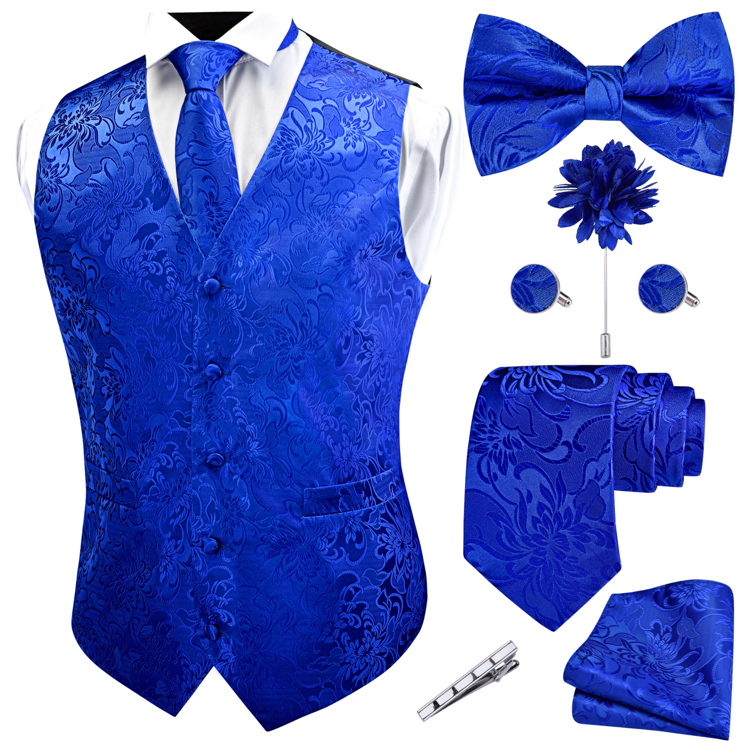 GUSLESON Formal Men Vest Paisley Floral Jacquard Tie Waistcoat Bow tie Hanky Lapel Pin Cufflinks Set Wedding 7PCS