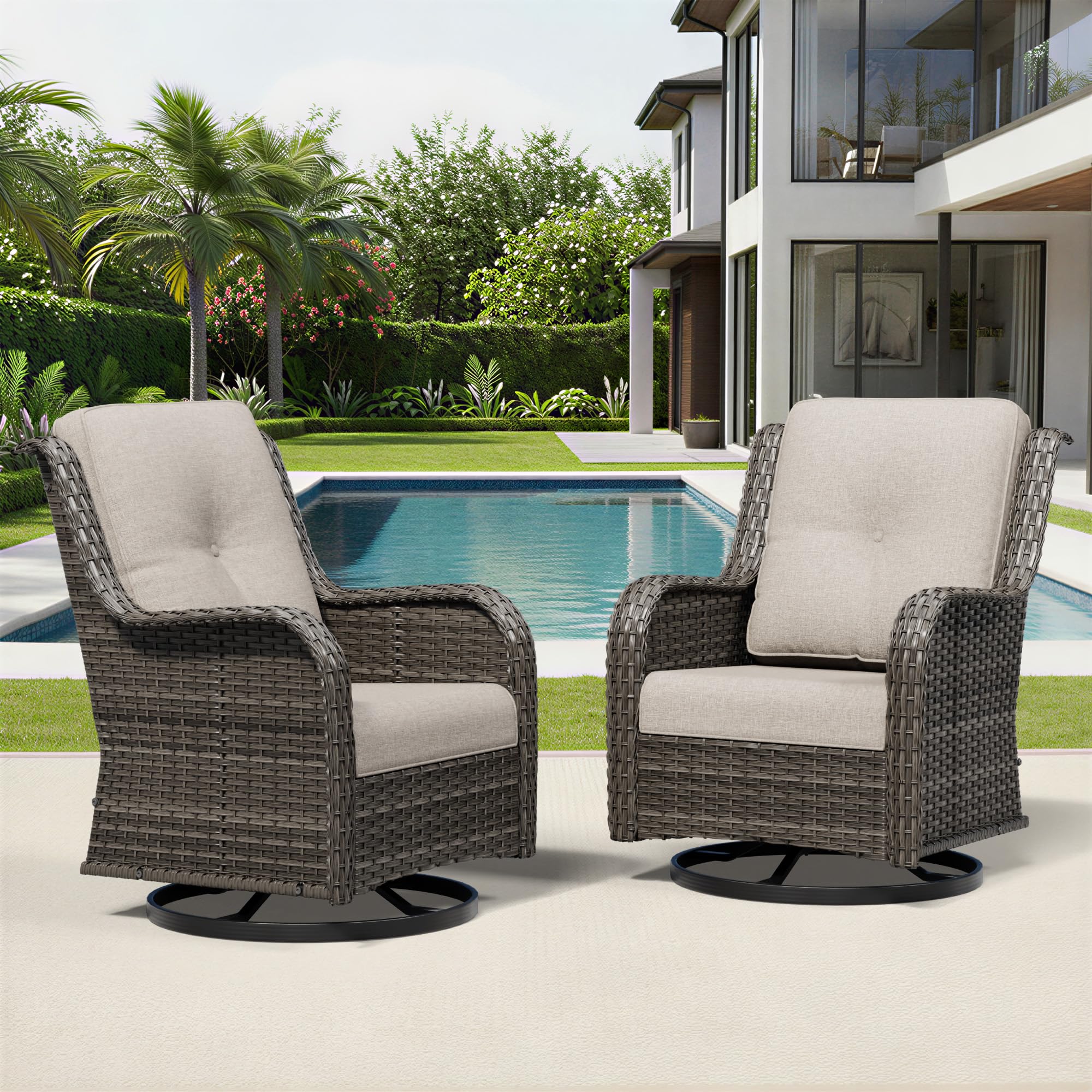 Joyside Swivel Patio Chairs Set of 2, Wicker Patio Furniture with High Back, Deep Seating, Wide Armrest, Thickened Cushions, Outdoor Rattan Furniture for Deck, Porch Use