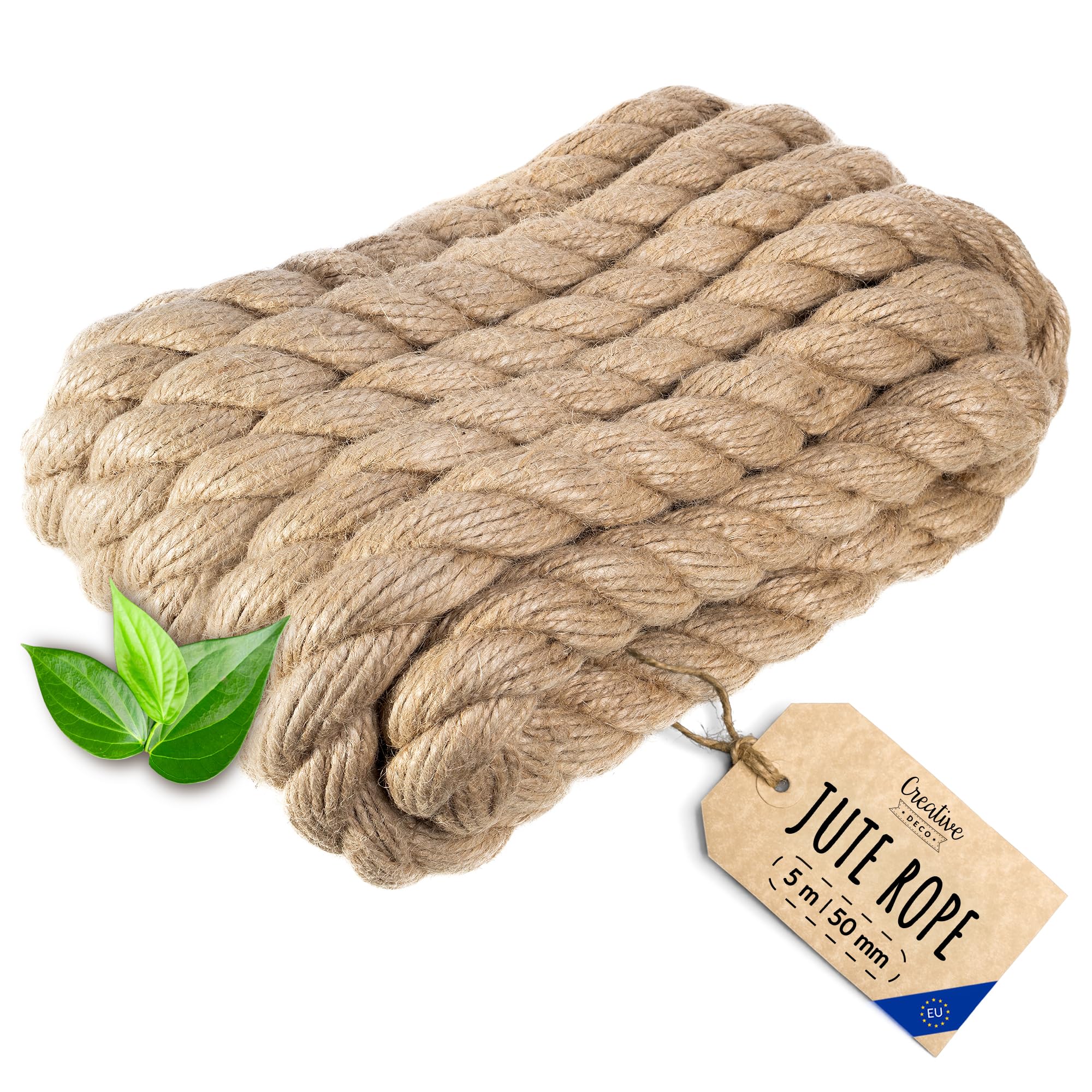 Creative Deco Thick Heavy Duty Jute Rope Natural Brown | 5mx50mm | Twisted Hemp Rope | Personalisation Every 5m | Twine Decking Rope Cord Cat Arts Crafts Garden Hammock Swing | Strong Durable String