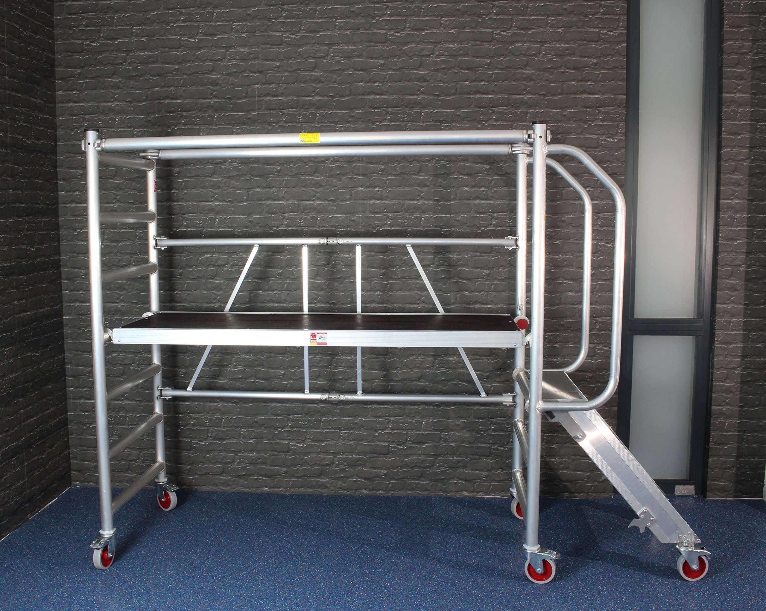 JUMBO Homcom Échafaudage roulant avec escalier et balustrade, hauteur de travail jusqu'à 3 m