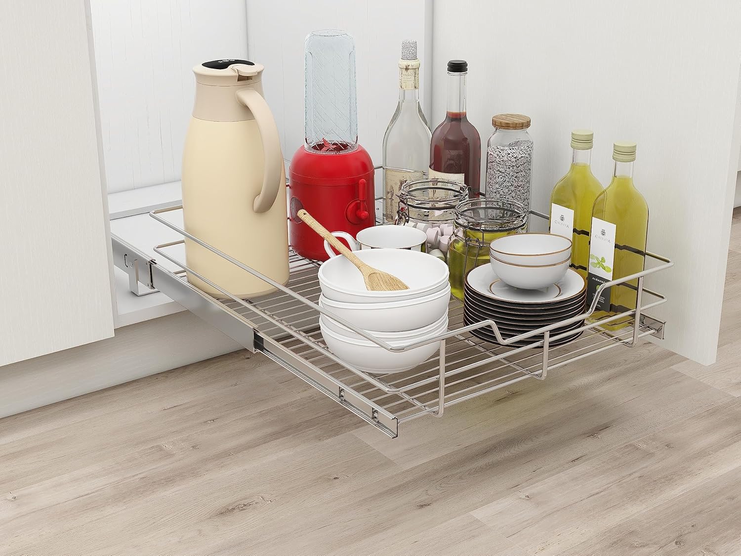 STORKING 1 Tier Wire Basket Pull Out Shelf Drawer Storage Organizer for Kitchen Base Cabinets Chrome-Plating (17x 17 x 5.3Inch, 1 Tier) 17x 17 x 5.3Inch 1 Tier