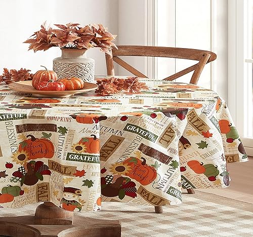 Miniatura 2 de Newbridge Fall Hayride and Happy Scarecrow - Mantel de vinilo con parte trasera de franela de Acción de Gracias, pavo guingán y calabaza, mantel de