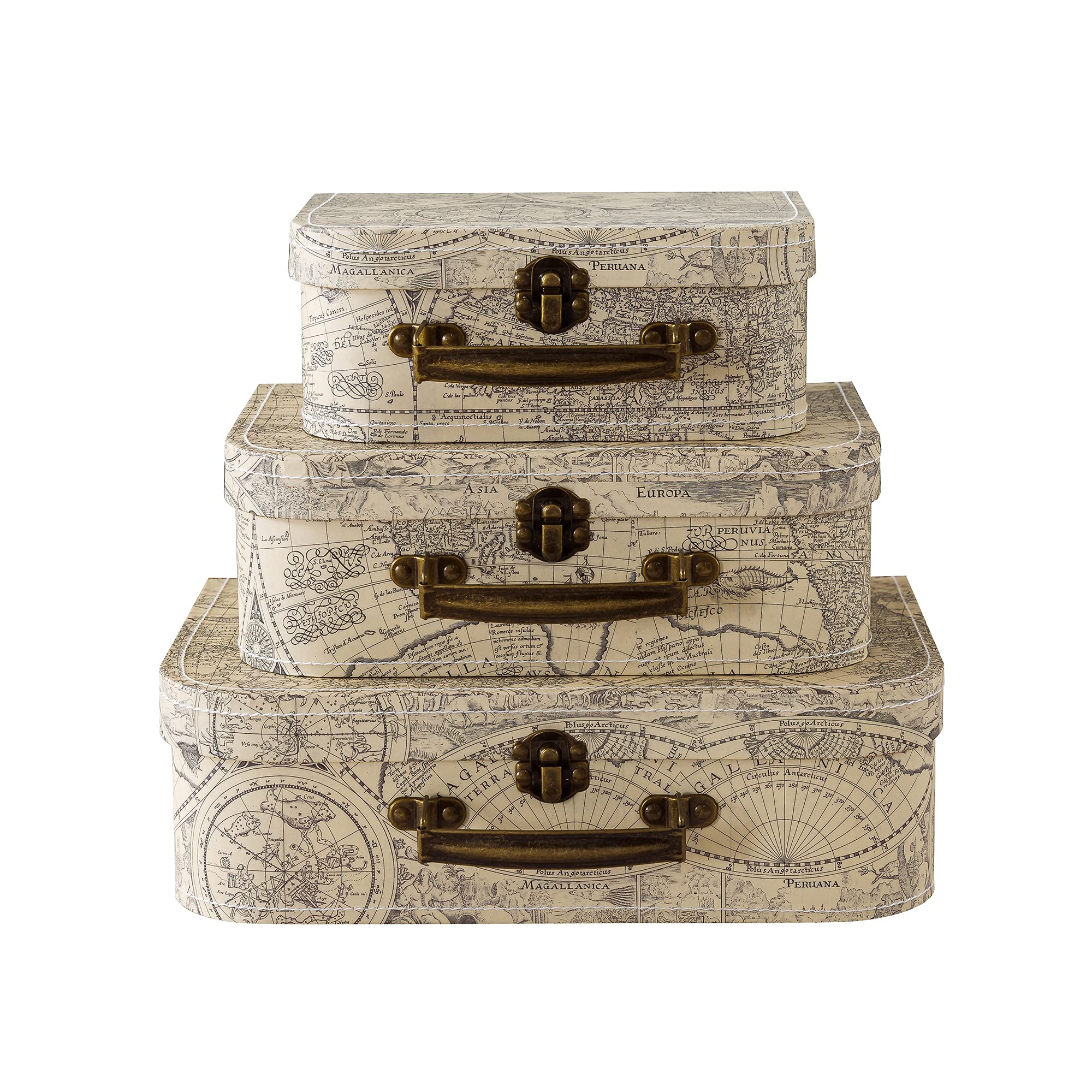 Soul & LaneCardboard Decorative Storage Boxes with Lids: Set of 3 Travel Decor Themed Gifts, Mini Vintage Suitcases, World Travel Boxes with Map Decorations, Scrapbook Storage Boxes