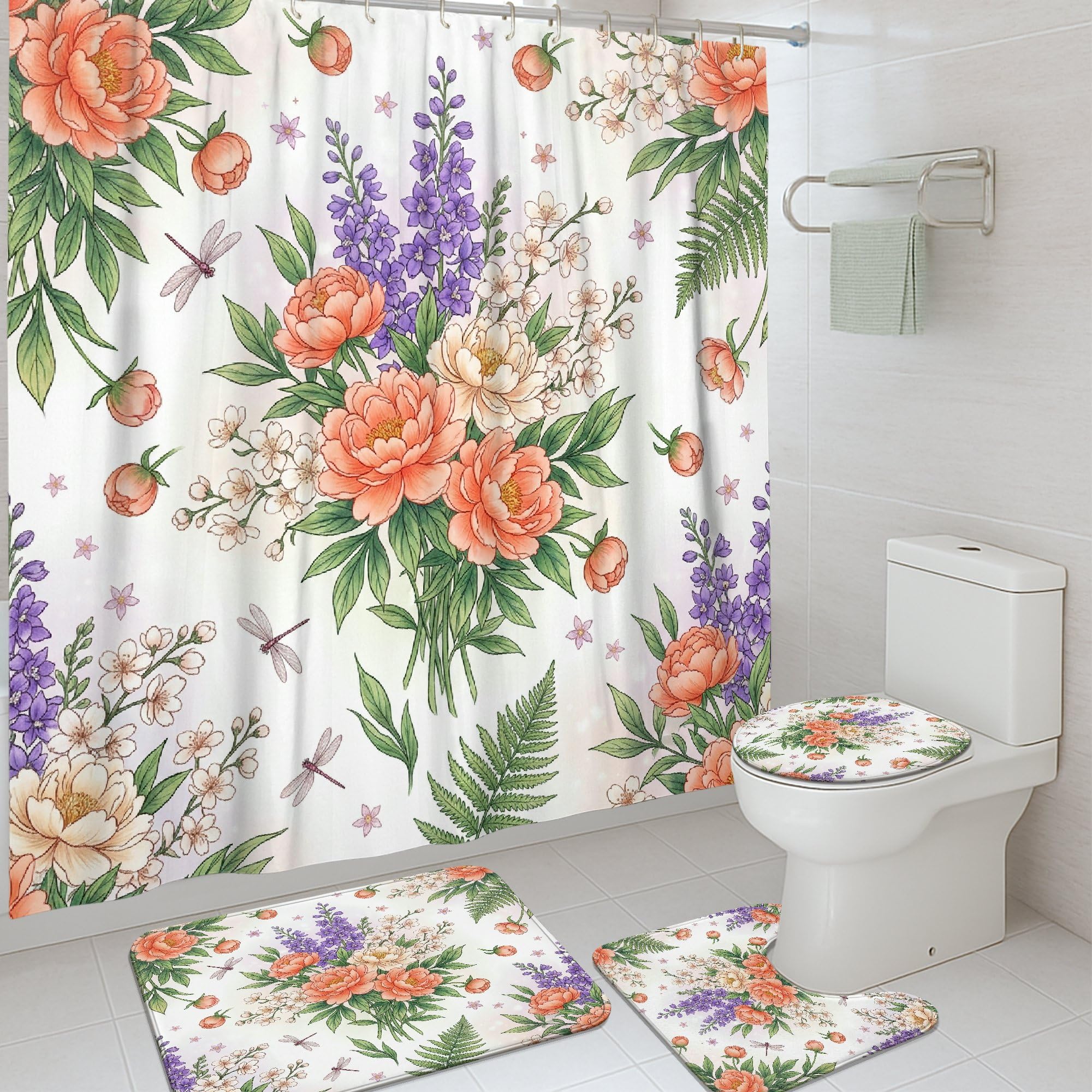 Rideau de douche lavable imprimé pivoine pour baignoire d'hôtel 183x183 cm