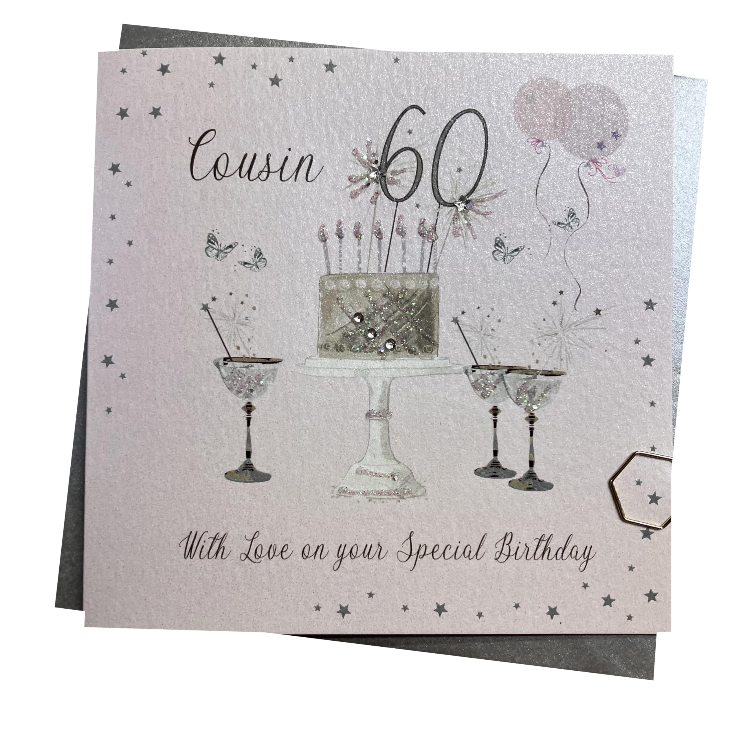 WHITE COTTON CARDS Happy 60th Birthday Card Cousin Sparkly Cake & Glasses Pink SS42-C60