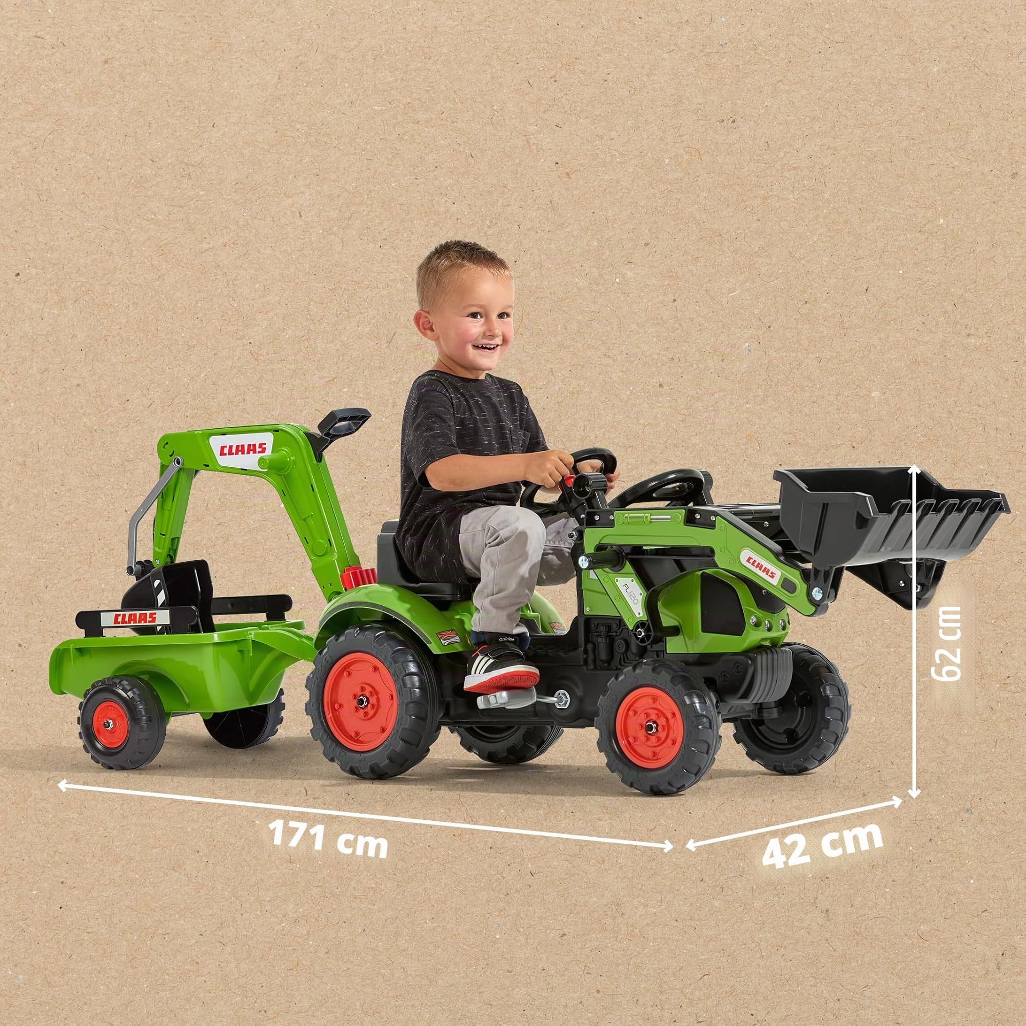 Falk Claas Kinder-Baggerlader mit beweglichem Baggerarm & Anhänger I Pedaltraktor Arion 410 Replik I mit Hupe I ab 2 Jahren I Outdoor Spielzeug für Jungen & Mädchen