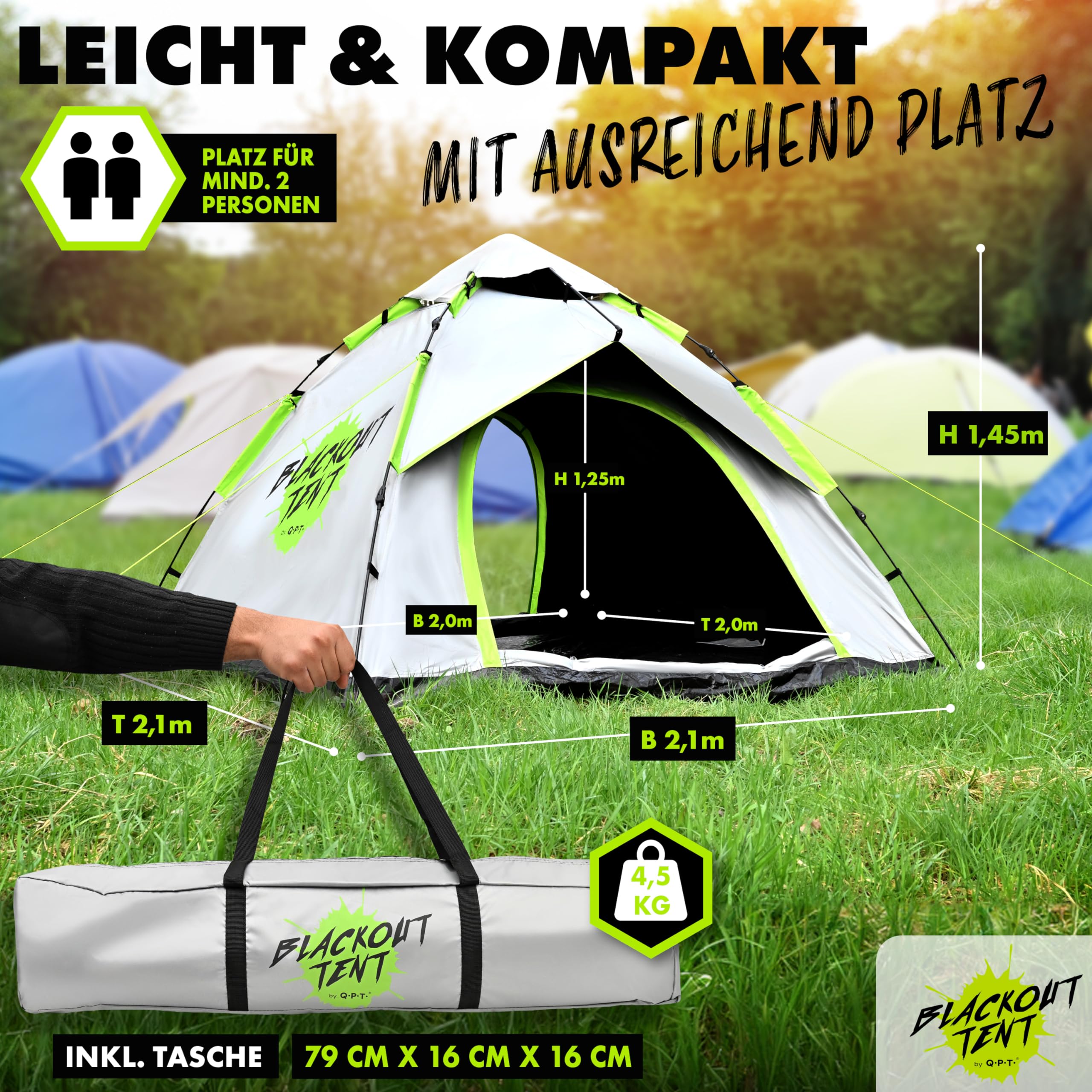 Pop up Zelt - Blackout Tent®, 1-2-Personen Festival Camping Zelt, 100% Dunkelheit, wasserdicht, Kuppelzelt für Schnellaufbau