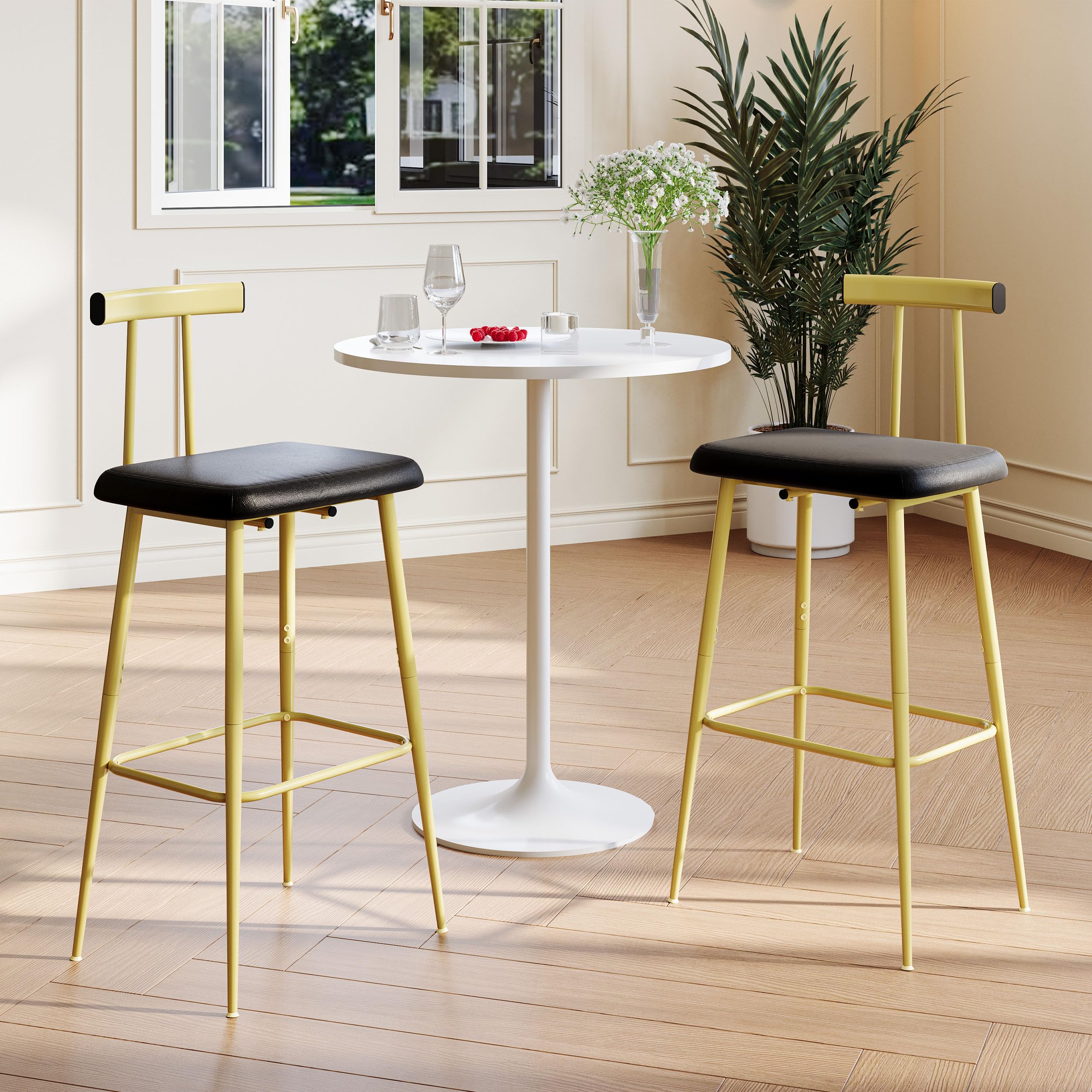 Taburetes Bar Juego de 2 Taburetes Altos Cocina Modernos con Respaldo y Reposapiés Base de Metal con Asiento Acolchado de PU para Isla Mostrador Restaurante y Bistro Dorada KBS515GC