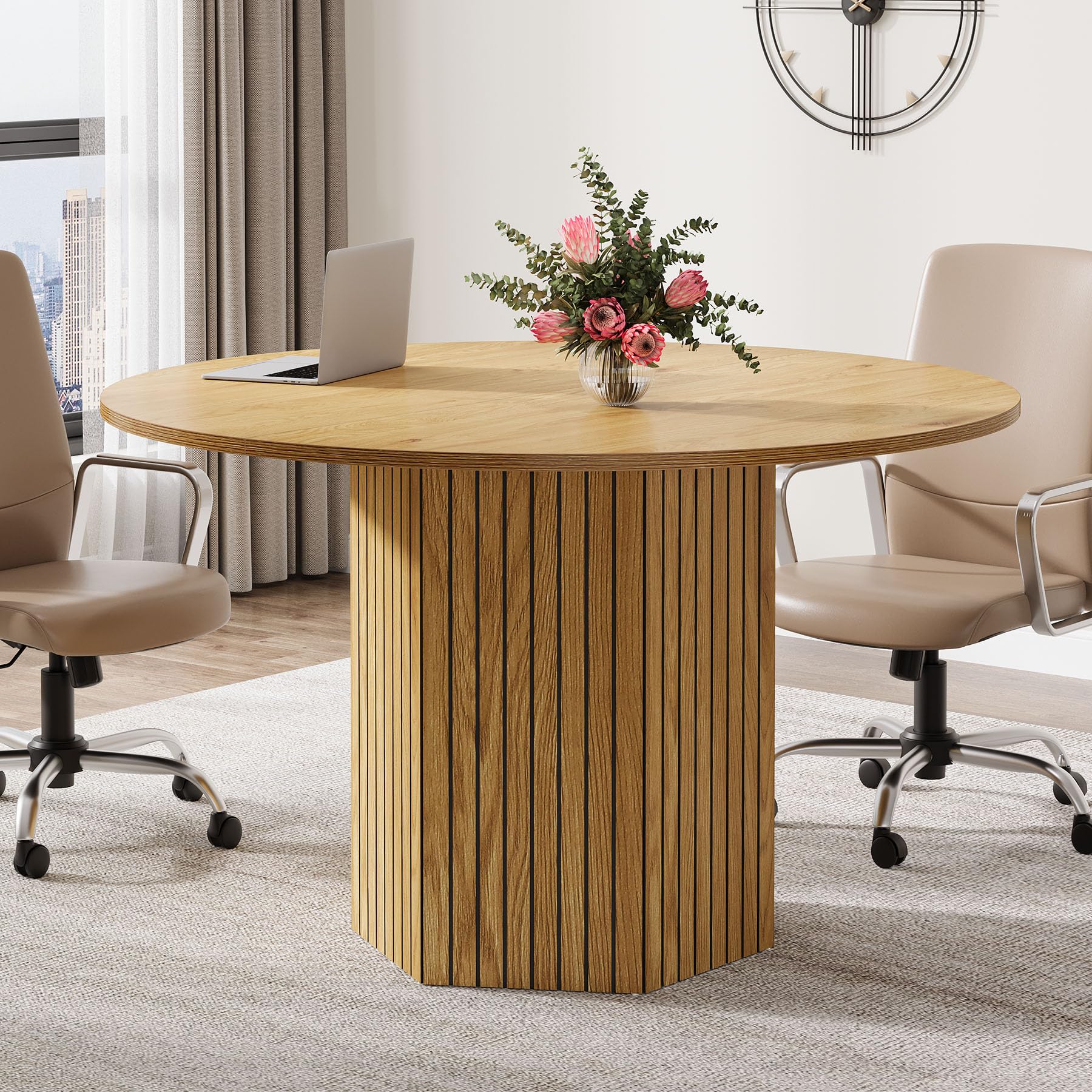 Tribesigns Round Conference Table, 47-Inch Wood Modern Meeting Table for 4-6 People for Conference Room, Meeting Room, Office, Business, Training, Seminar, Light Brown