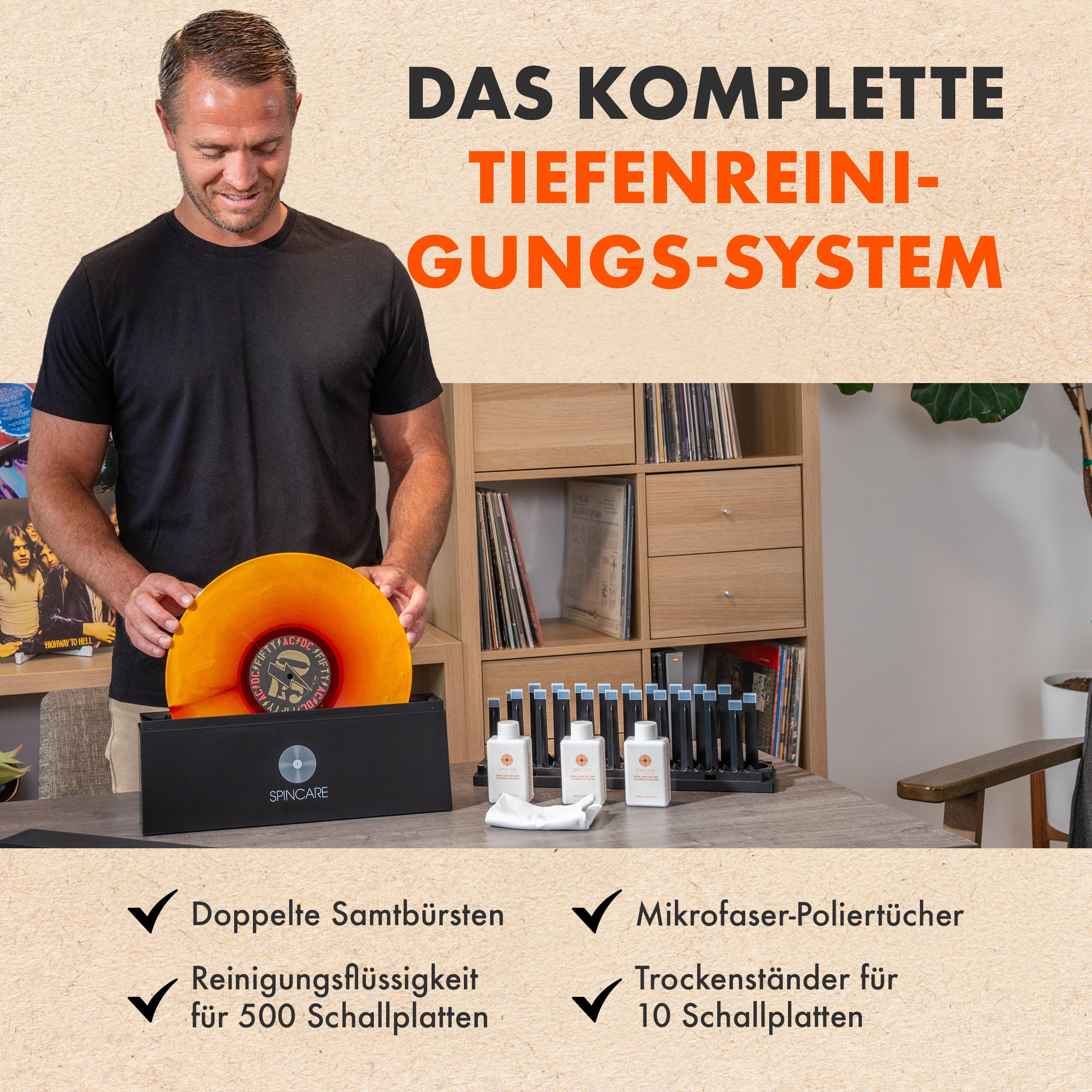 SPINCARE Schallplatten Reinigung für 18-25-30 cm Vinyl Schallplatten - Reinigungssystem mit Reinigungslösung - Mikrofasertüchern - Waschschüssel - Zubehör - Reinigt 500 LPs | Reinigungsset mit Wäscherlösung und Zubehör, reinigt 500 LPs und schützt Etikett