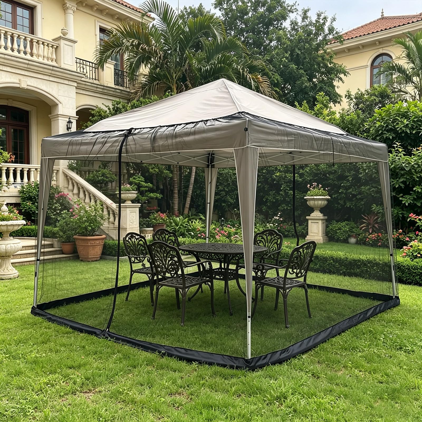 Moustiquaire pour tonnelle - 3 x 3 m - Noir - Filet anti-insectes - 2 fermetures éclair - Réglable - Maille fine - Pied rempli d'eau - Pour jardin, patio, cour, camping
