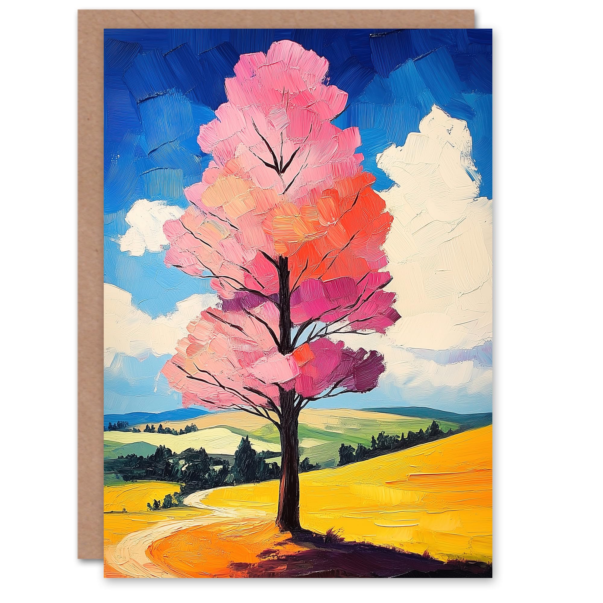Artery8 Greeting Card Pink Tree in Countryside Field Landscape Painting Blank For Him Or Her Art Birthday Card
