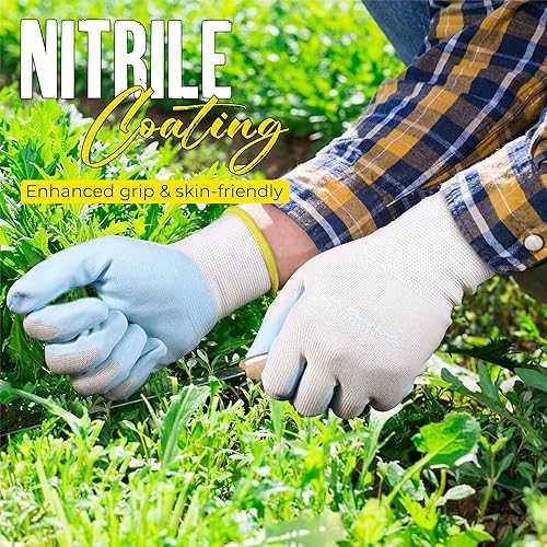 Miniatura 2 de HANDLANDY Guantes de jardinería para mujer, 3 pares de guantes de trabajo transpirables con revestimiento de nitrilo, el mejor regalo para mujeres
