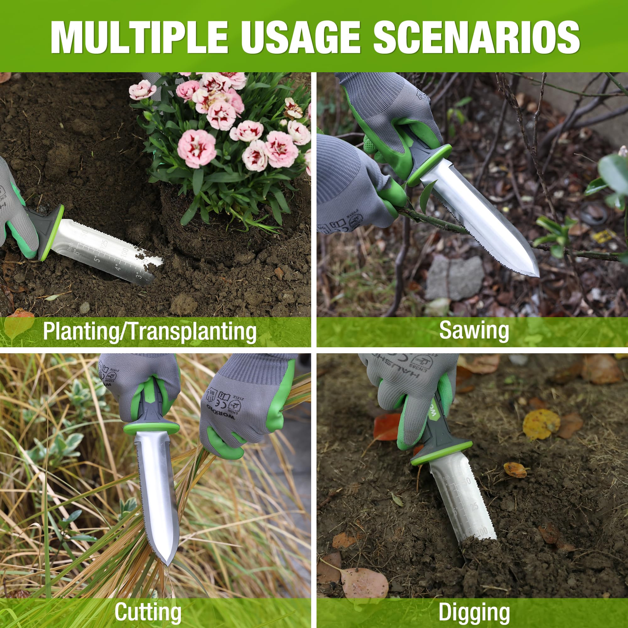WORKPRO Hori Hori Garden Knife, 7" Stainless Steel Blade with Cutting Edge, Garden Tools with Oxford Sheath, Ergonomic TRP Handle with Hanging Hole for Weeding, Planting, Digging, Green