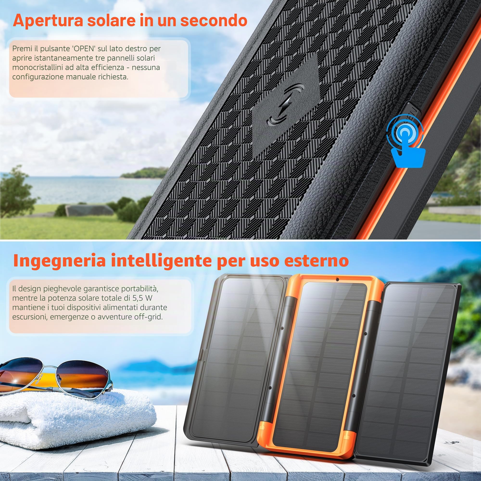 Power Bank 63200 mAh: Ricarica Rapida PD da 22,5 W, 5 Uscite, Caricabatterie Portatile Senza Fili con 3 Pannelli Solari Pieghevoli, Torcia, Display, Caricabatterie Solare ad Alta Capacità per