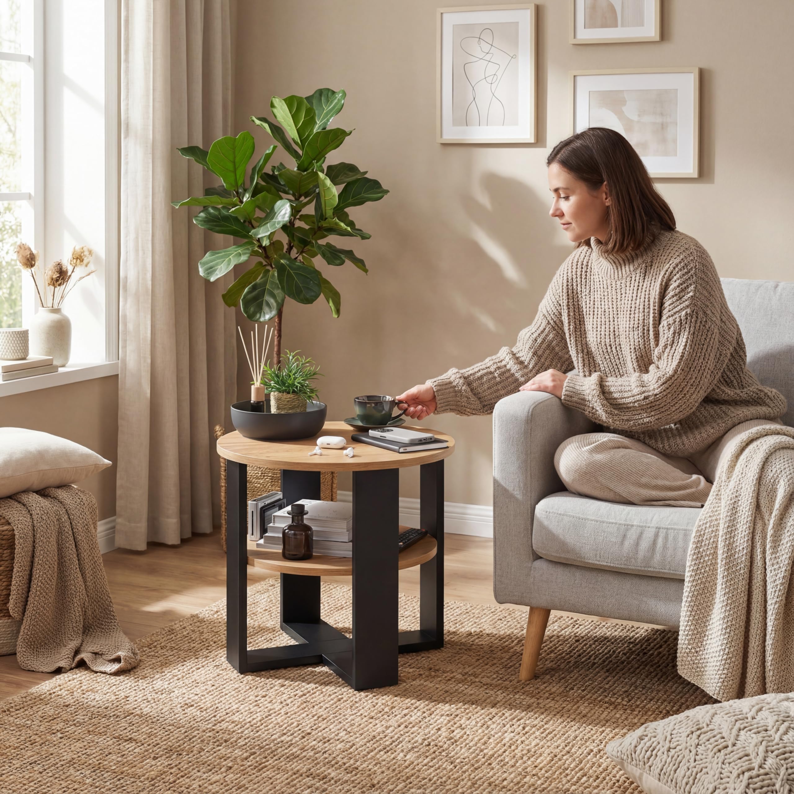 defiPad Table Basse Ronde Ø53 cm – Table d’appoint Bout de canapé avec étagère, 2 Niveaux, Meuble de Salon Moderne, Noir et chêne, Design Industriel, fabriquée en UE