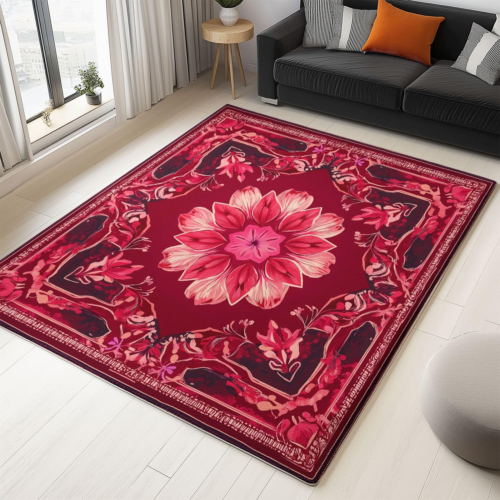 Dywaniki do salonu, 180 x 240 cm, boho, mandala, kwiatowy nadruk, miękkie dywany z krótkim włosiem, antypoślizgowe, zmywalne, maty podłogowe do sypialni, pokoju dziecięcego, dekoracja wnętrz, czerwony