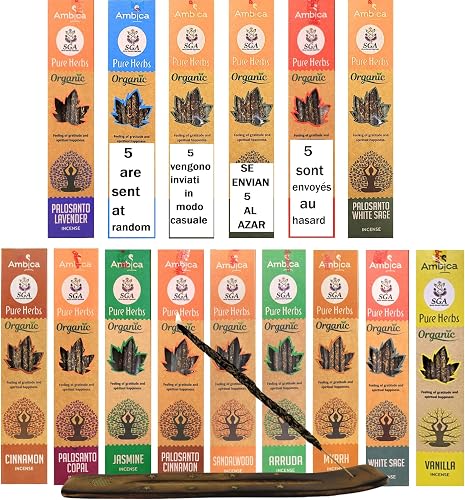 Ambica Organic Herbal Incense Pack - 7 Sets of 3 Sticks Each - 25cm - Palo Santo with White Sage, Cinnamon, Lavender - Meditation, Purification, Relaxation - 1