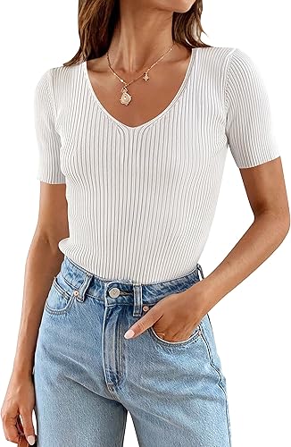 Miniatura 1 de ZESICA Camisetas de manga corta con cuello en V para mujer, ajustadas, casuales, de verano, de punto acanalado, color sólido, básicas
