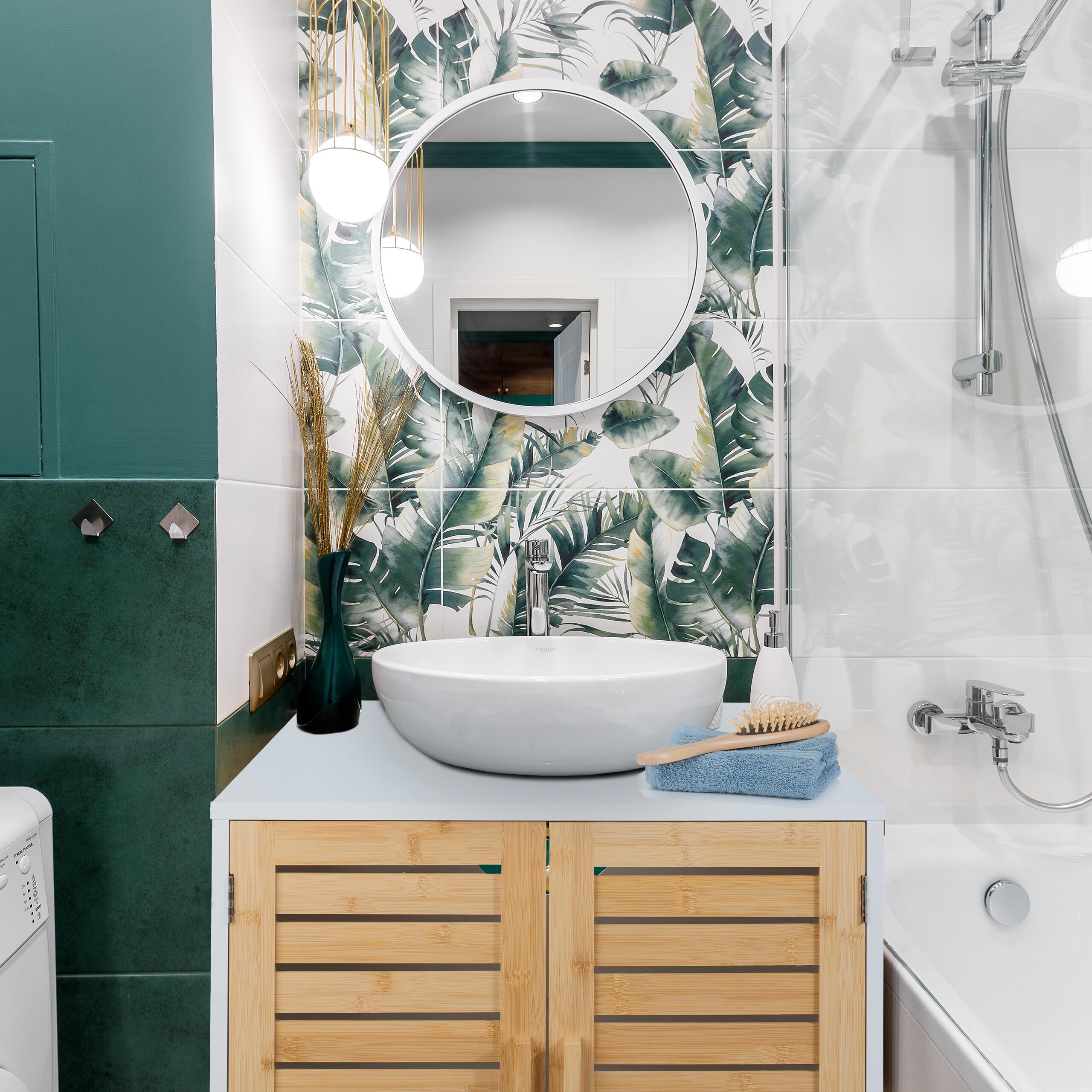Relaxdays Mobiletto Sottolavabo, HLP: 60x60x32 cm, Armadietto Lavandino, Mobile da Bagno, MDF e bambù, Naturale Bianco
