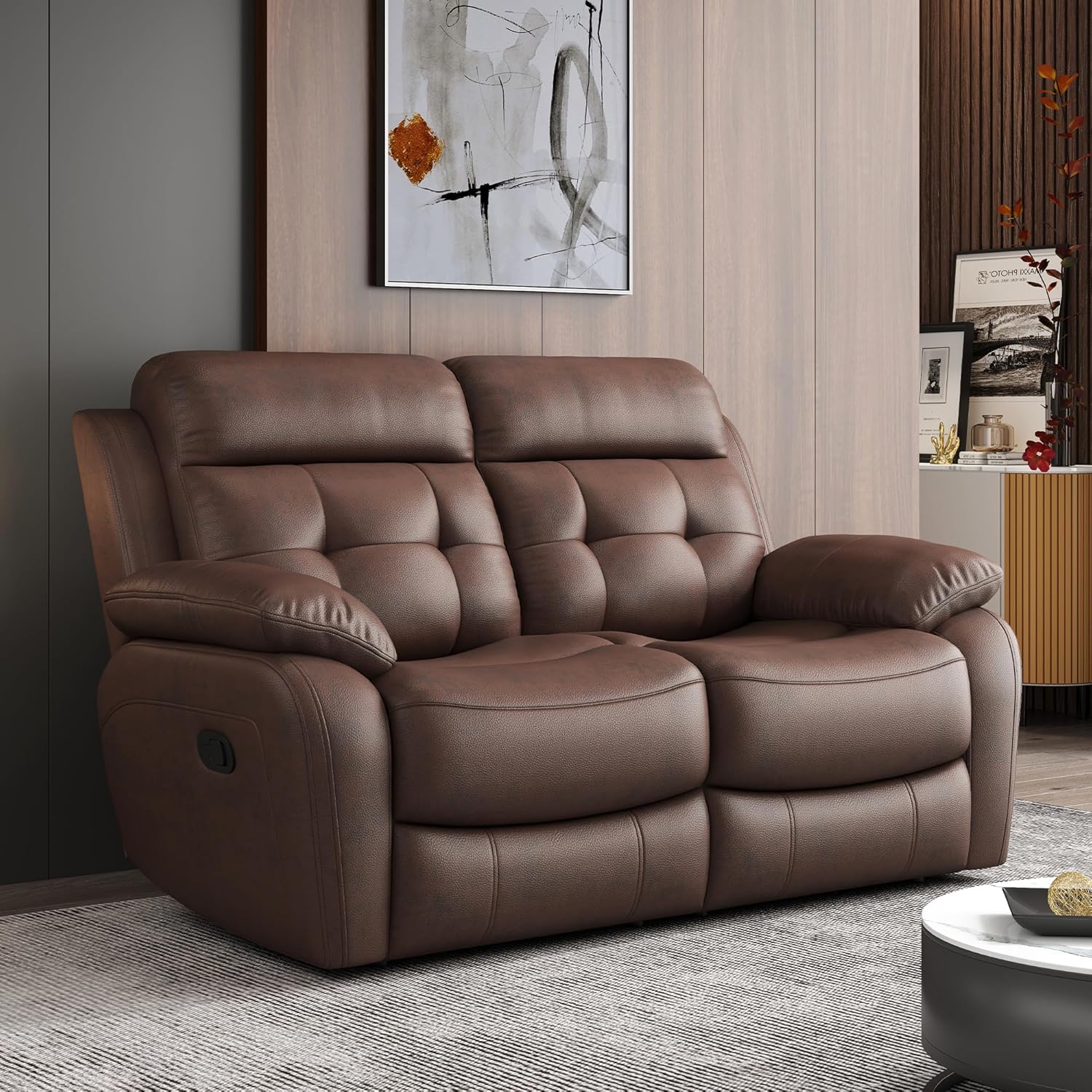 62 Inch Genuine Leather Manual Reclining Sofa, 2-Seater Couch Non-Power Lounge Chair, 2-Seat Dual Recliner Chair for Living Room Home Theater Office, Brown