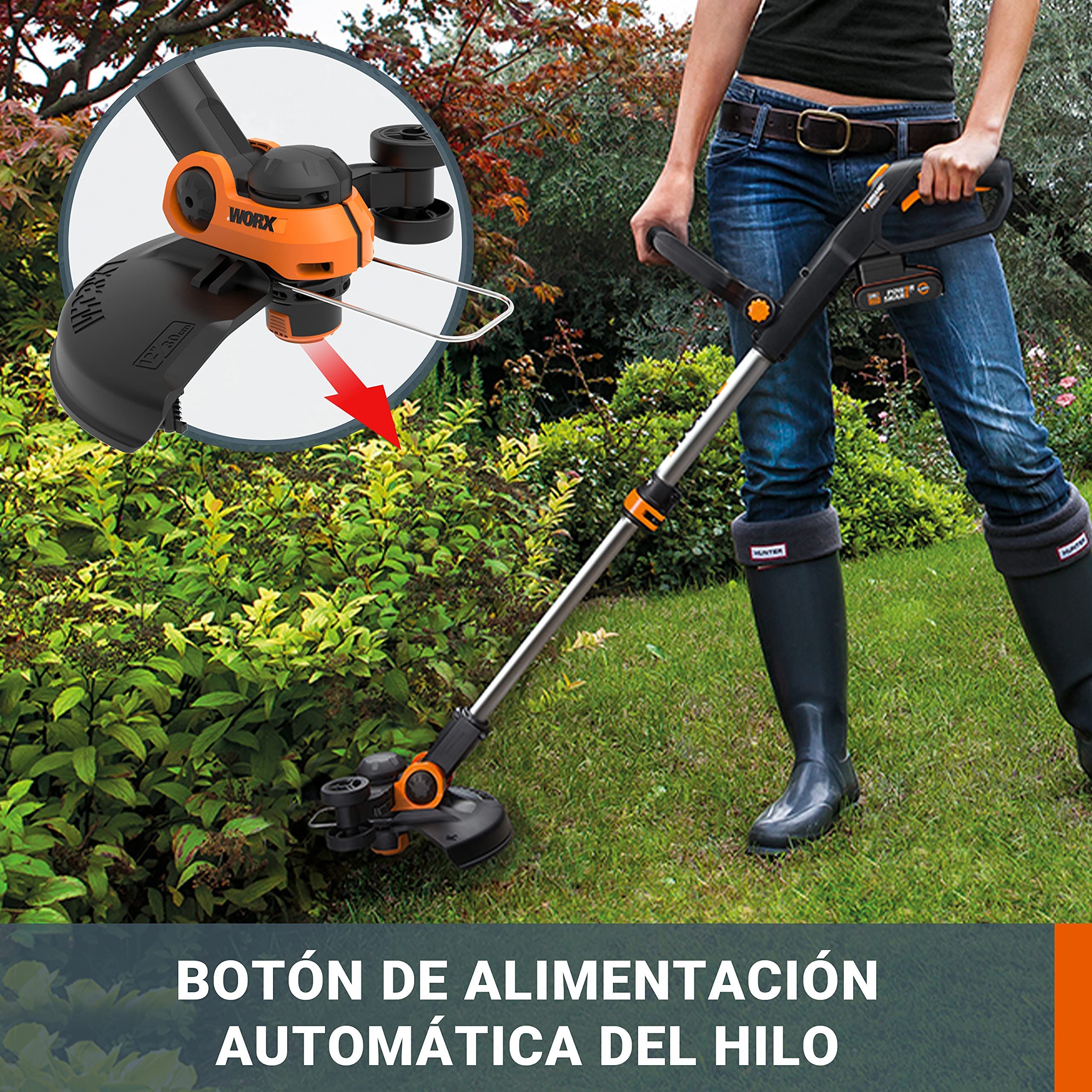 WORX WG163E.9 Desbrozadora y Cortabordes 2 en 1 20V Sin Batería, Hilo Automático, Ruedas para Bordear, Cabezal Giratorio 90° para Jardines