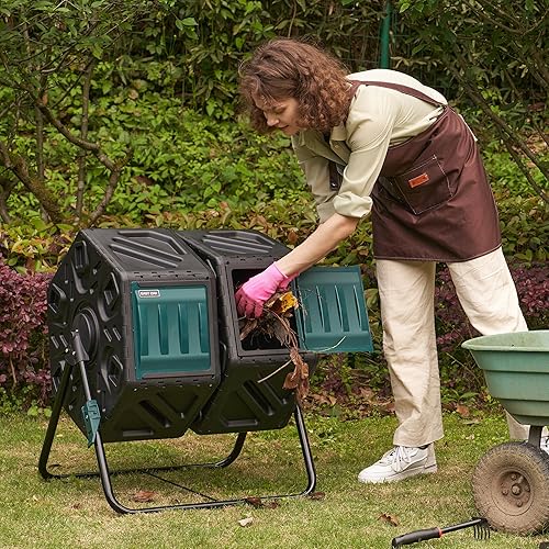 East Oak Compostador Giratorio de Doble Cámara para Exteriores, 2×Contenedores de Compost de 18.5 Galones, Compostador Rotativo con Sistema de