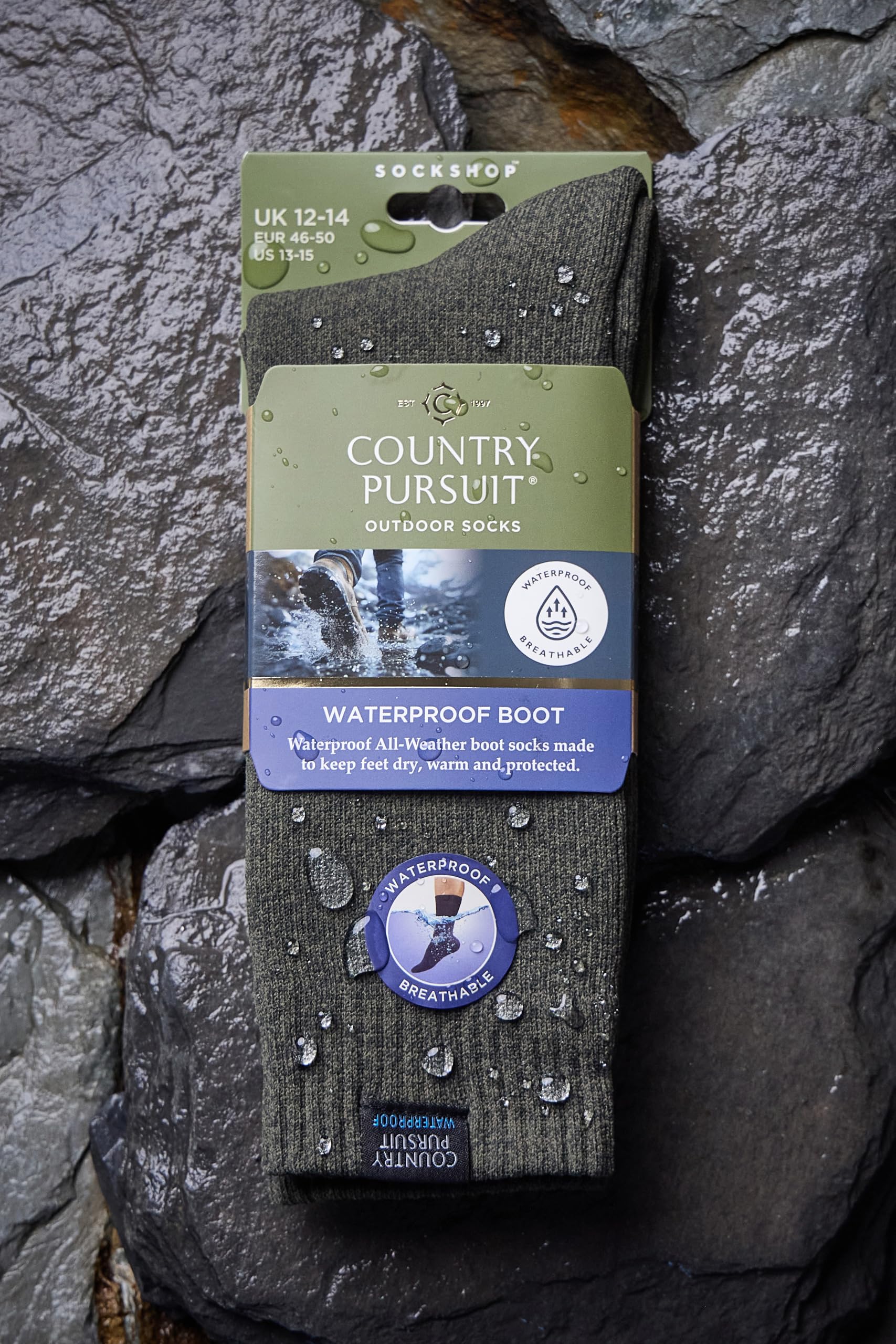 COUNTRY PURSUIT Męskie wodoodporne skarpety – 1 para outdoorowych butów turystycznych, oddychające, wiatroszczelne, trwałe, wygodne dopasowanie na mokrą pogodę - rozmiary 6-8, 9-11 i 12-14