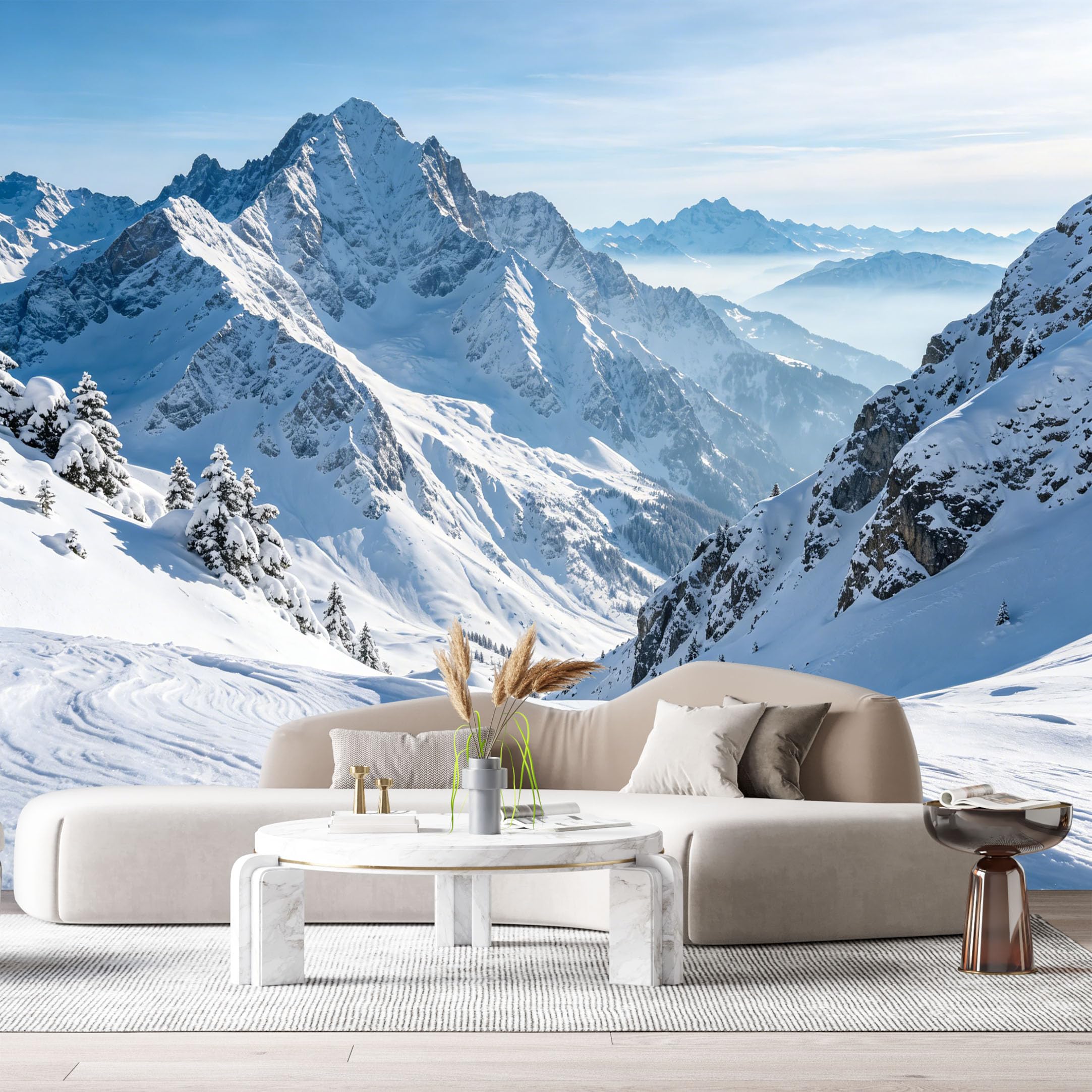Custom Size Wall Murals Snowy Mountains Landscape Winter Peaks Blue Sky SelfAdhesive Wall Fabric Removable Large Wallpaper for Photo Living Room