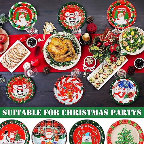 Miniatura 7 de 100 platos de papel de Navidad, redondos, desechables, suministros de fiesta de Navidad con colorido diseño de árbol de Papá Noel, alce, muñeco de
