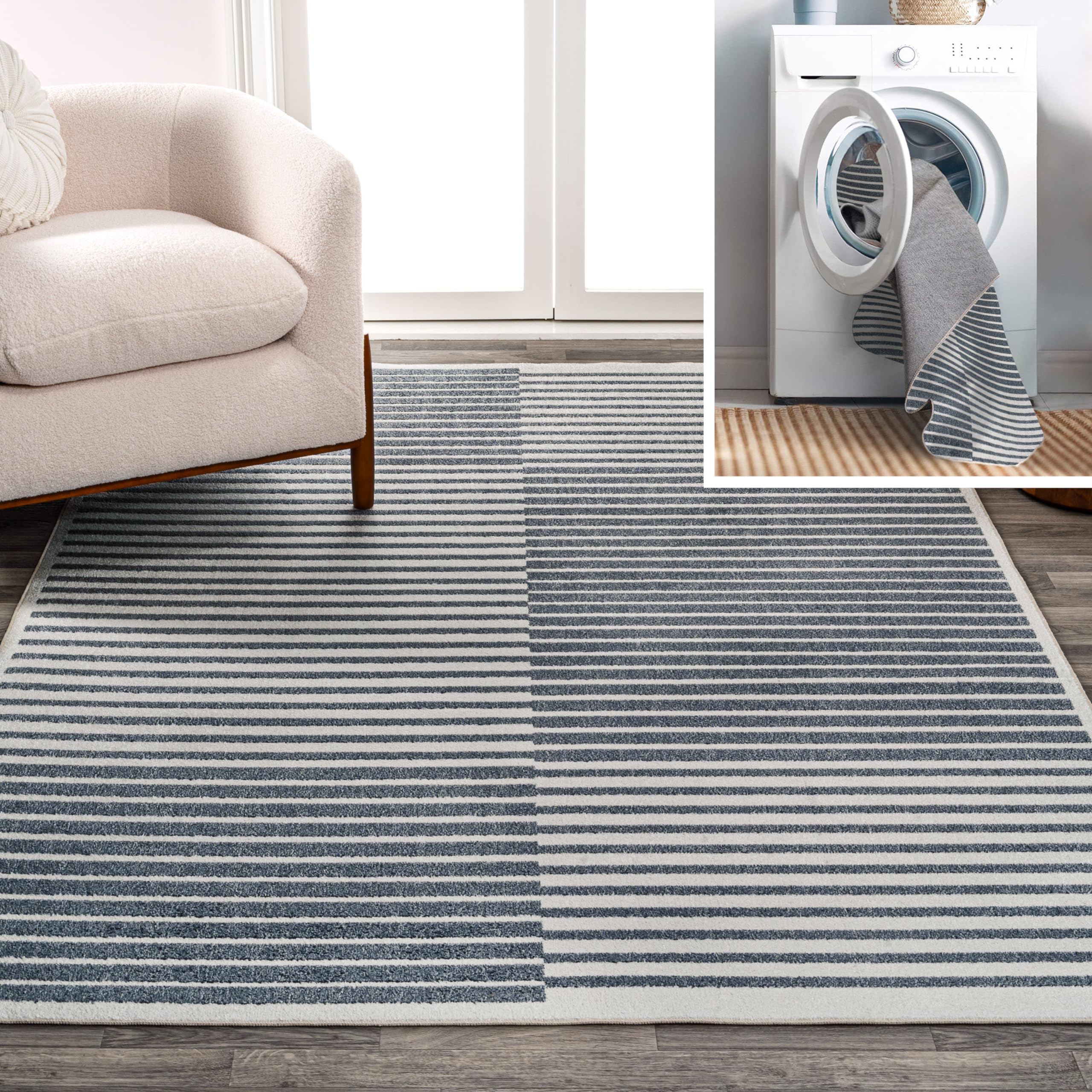 JONATHAN Y Machine Washable Indoor Area Rug 8X10 Dark Gray/Cream, Shutter Minimalist Striped Plaid for Living Room, Bedroom, Kitchen, Office,