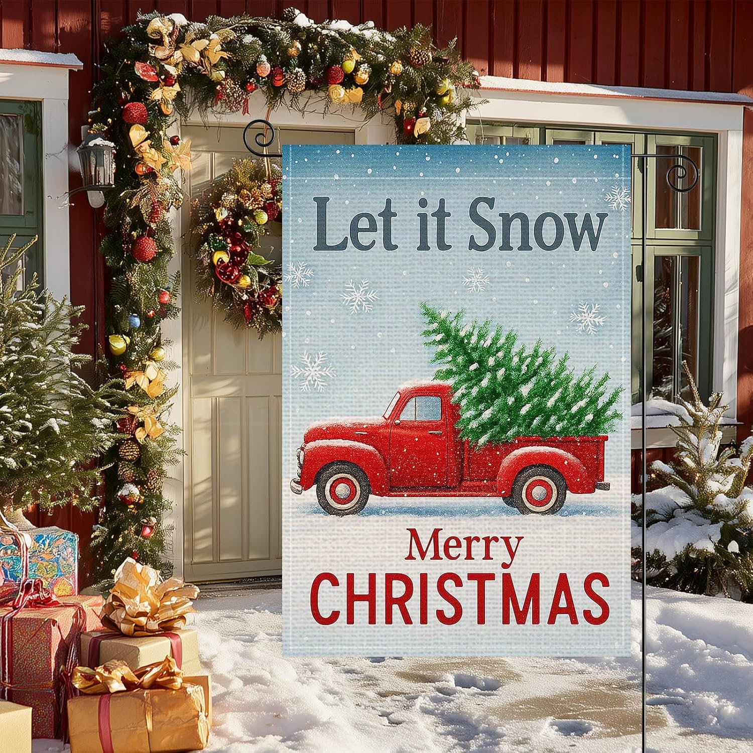 Snow Garden Flag 12x18 Inch Red Truck With Christmas Tree Burlap Double-Sided Winter Scene Seasonal Outdoor Holiday Banner Snow Merry Christmas Flag for Yard Lawn Decoration - Image 3