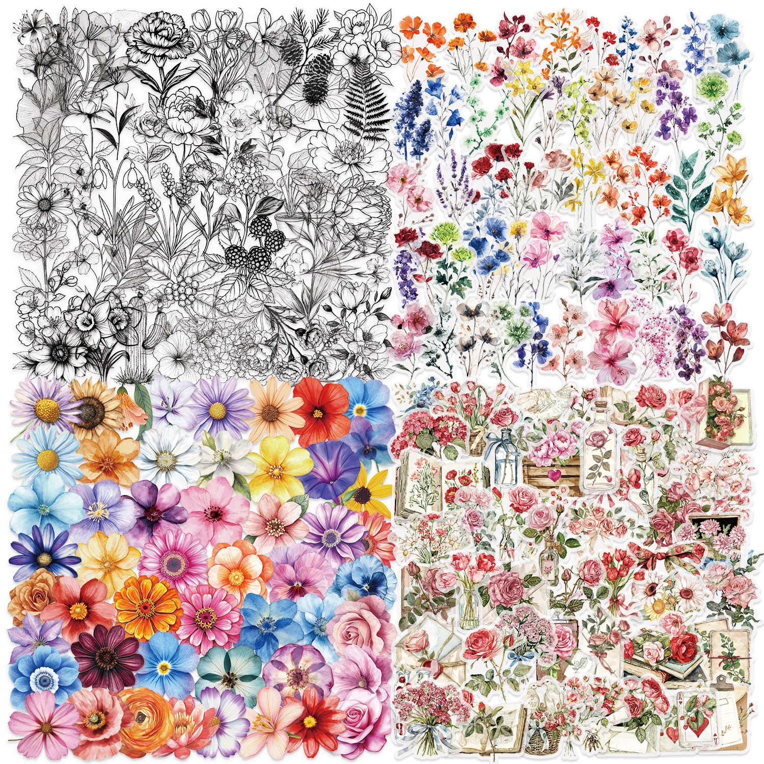 200 Pcs Vintage Flower Scrapbooking Sticker Set, Retro Journaling Supplies - Image 2