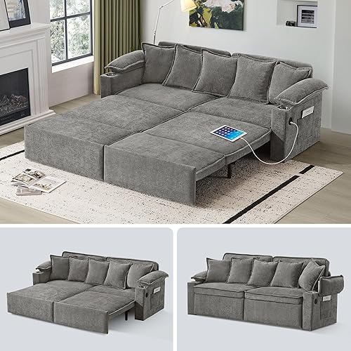 83" King Size Pull Out Sofa Bed, 4-in-1 Convertible Sleeper Sofa Bed with USB Ports, Cup Holders, Side Pockets, Corduroy Oversized Loveseat Chaise Lounge for Living Room, Small Space (Light Gray)