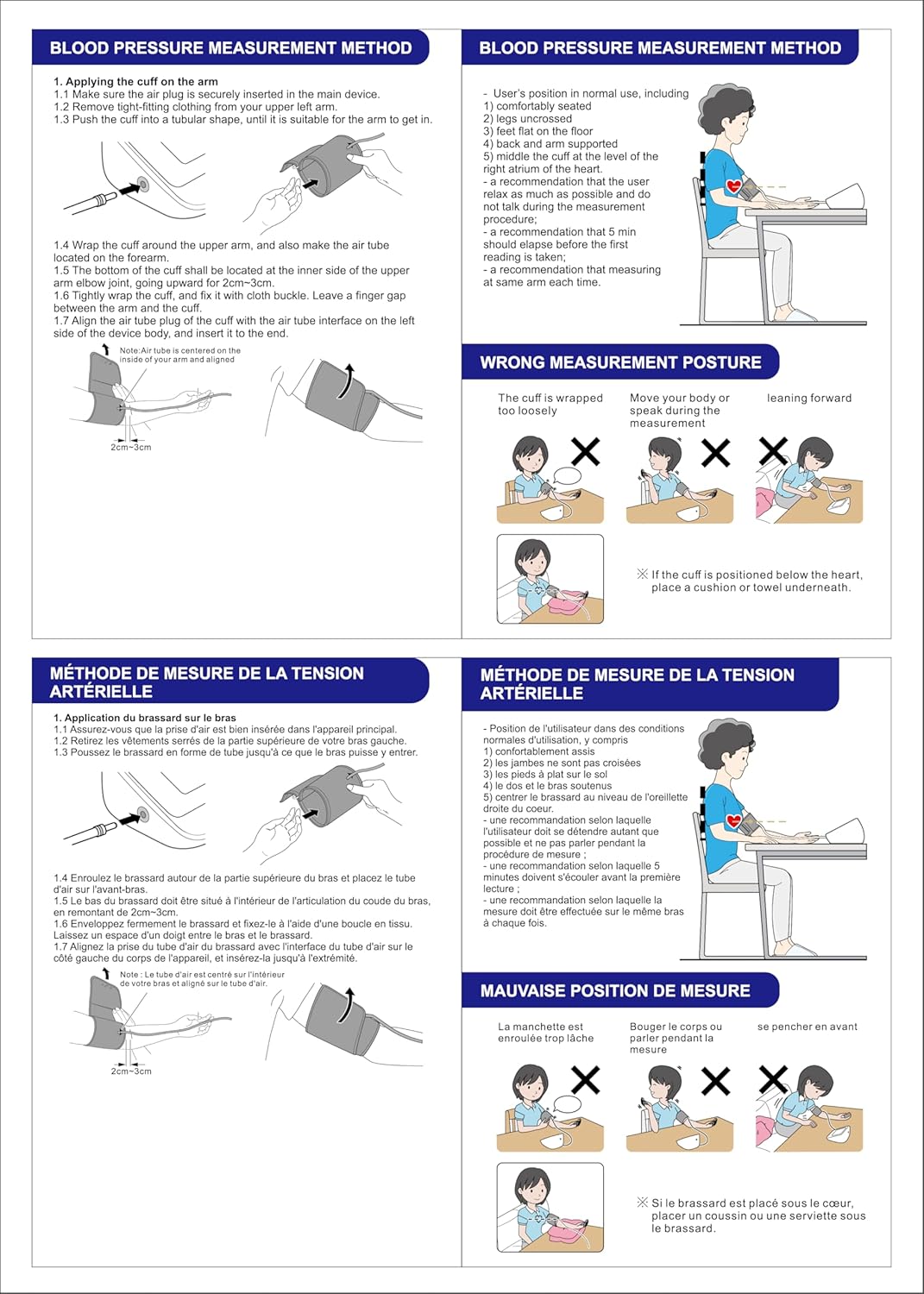 Step-by-step guide on how to properly wear the blood pressure cuff and position the arm for measurement.