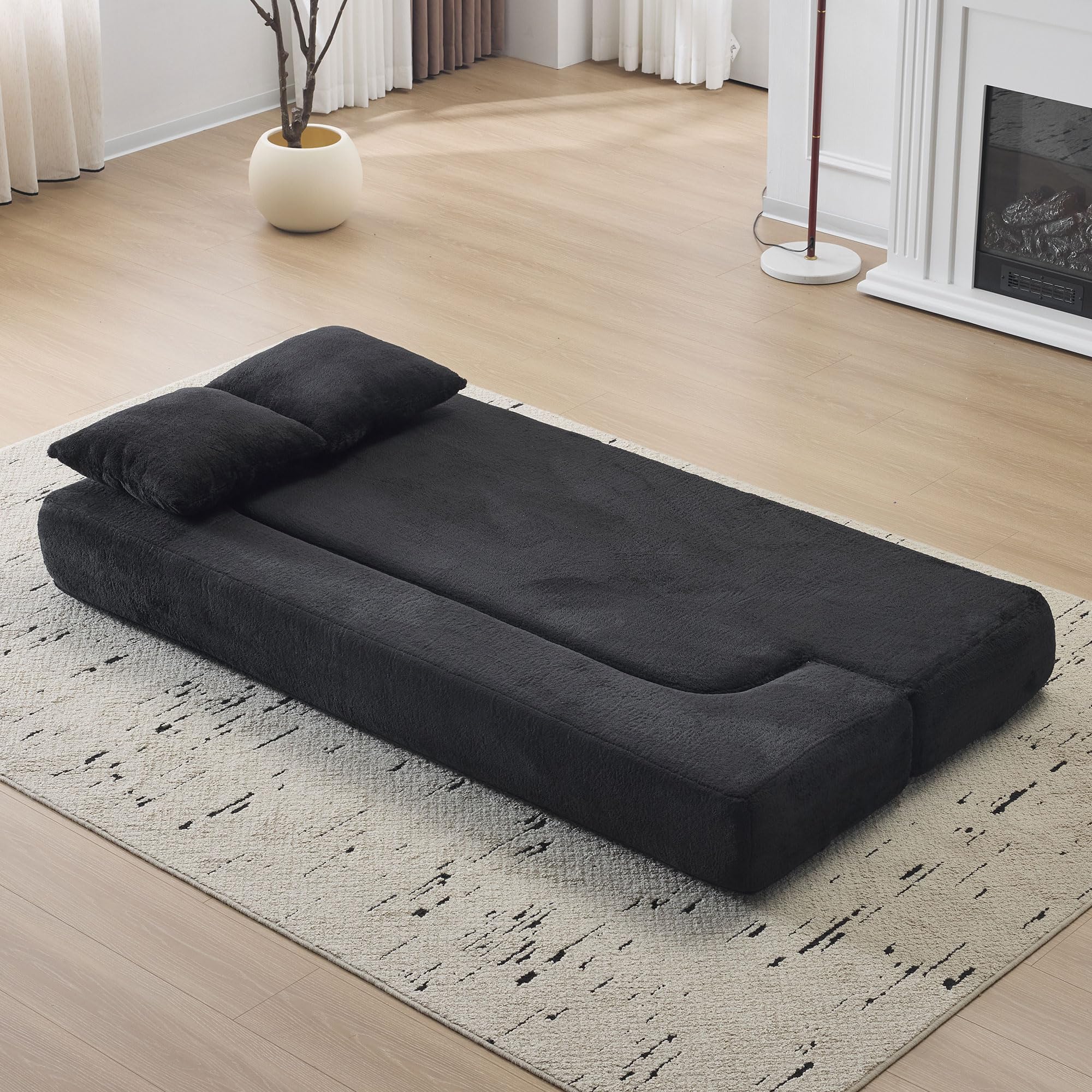 Sofá multifuncional con 2 cojines, sofá convertible moderno, sofá de 2 plazas de suelo, ahorro de espacio, espuma de alta resistencia, para sala de estar y dormitorio, no requiere montaje, negro