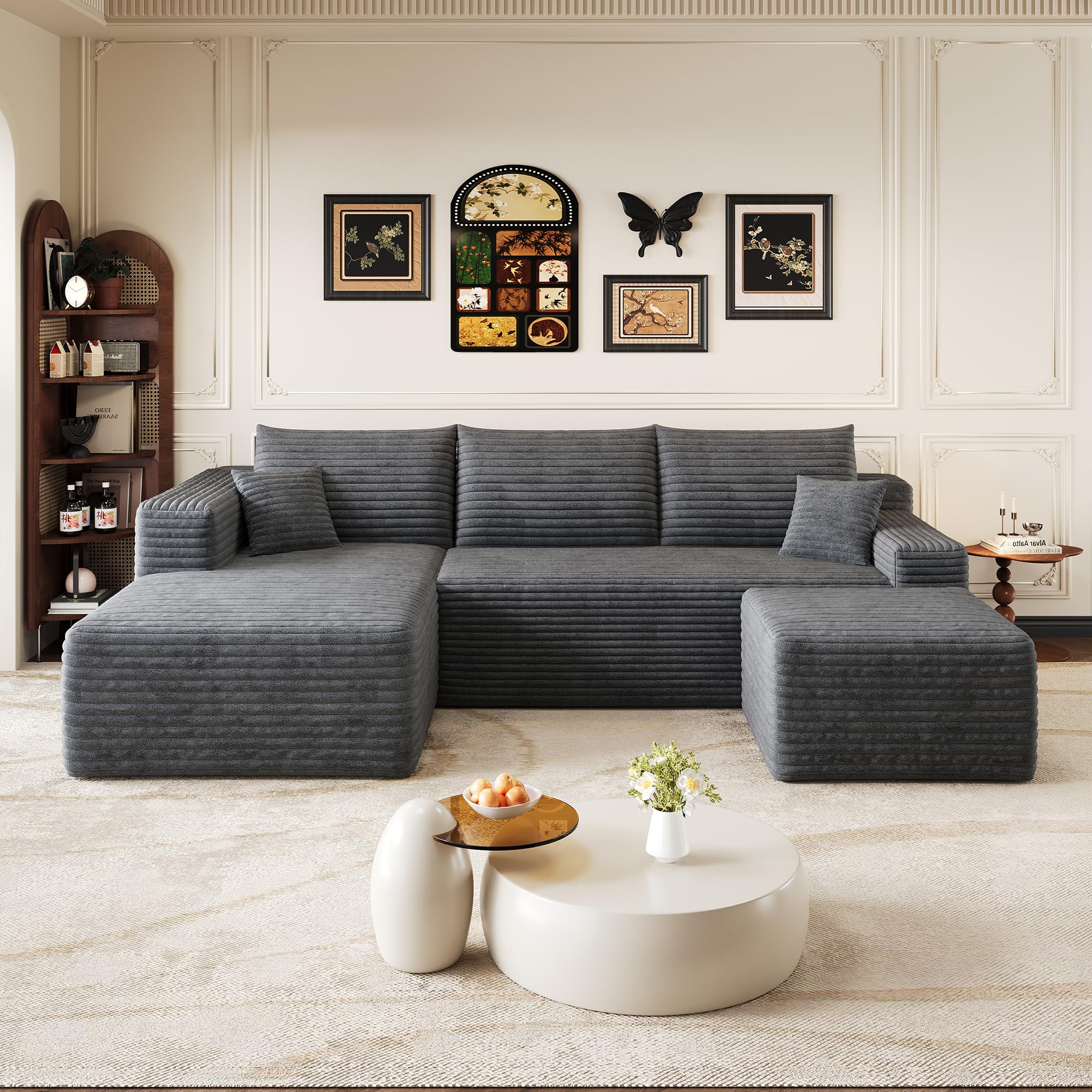 Divano angolare con funzione letto, 241 cm, motivo nuvole, divano letto modulare a forma di U, 3 posti con 2 ottomani, divani sezionali per soggiorno, non richiede montaggio, grigio scuro