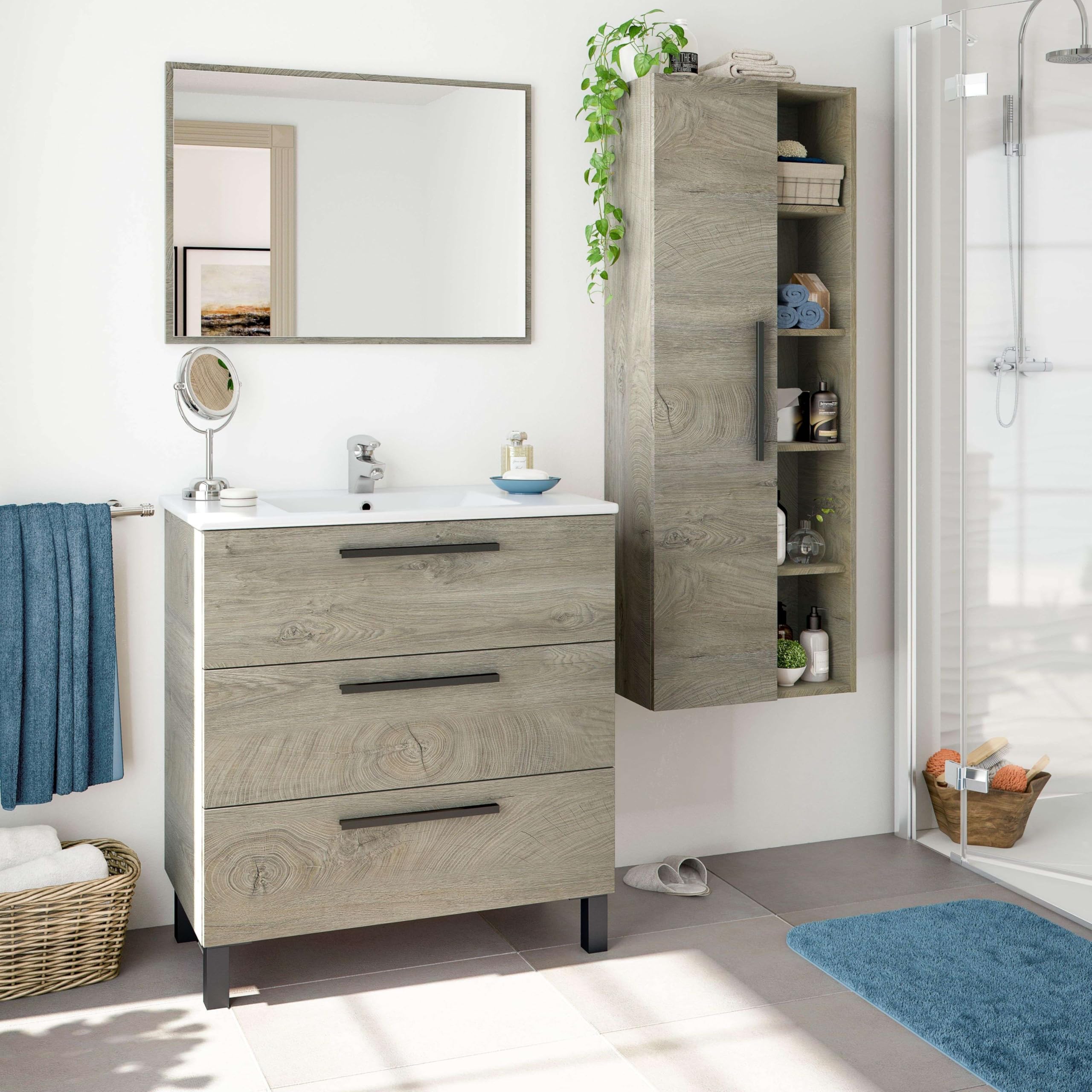 ARKITMOBEL Mueble de Baño Athena con 3 Cajones y Espejo, Módulo de Lavabo con Patas, Color Roble Alaska, Medidas: 80x86x45 cm (Lavabo No Incluido)
