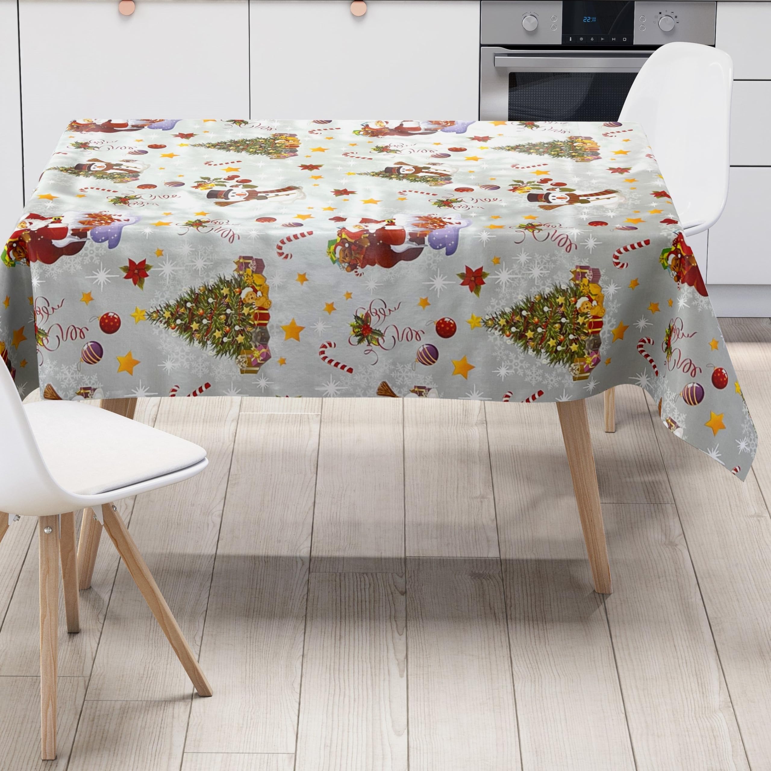 KEVKUS Toile Cirée Nappe Table Au Mètre 01188-04 Père Noël Arbre De Noël/Sapin Noël Blanc Éligible En Carré Rond Oval - Bariolé, 120 X 120 Cm Eckig