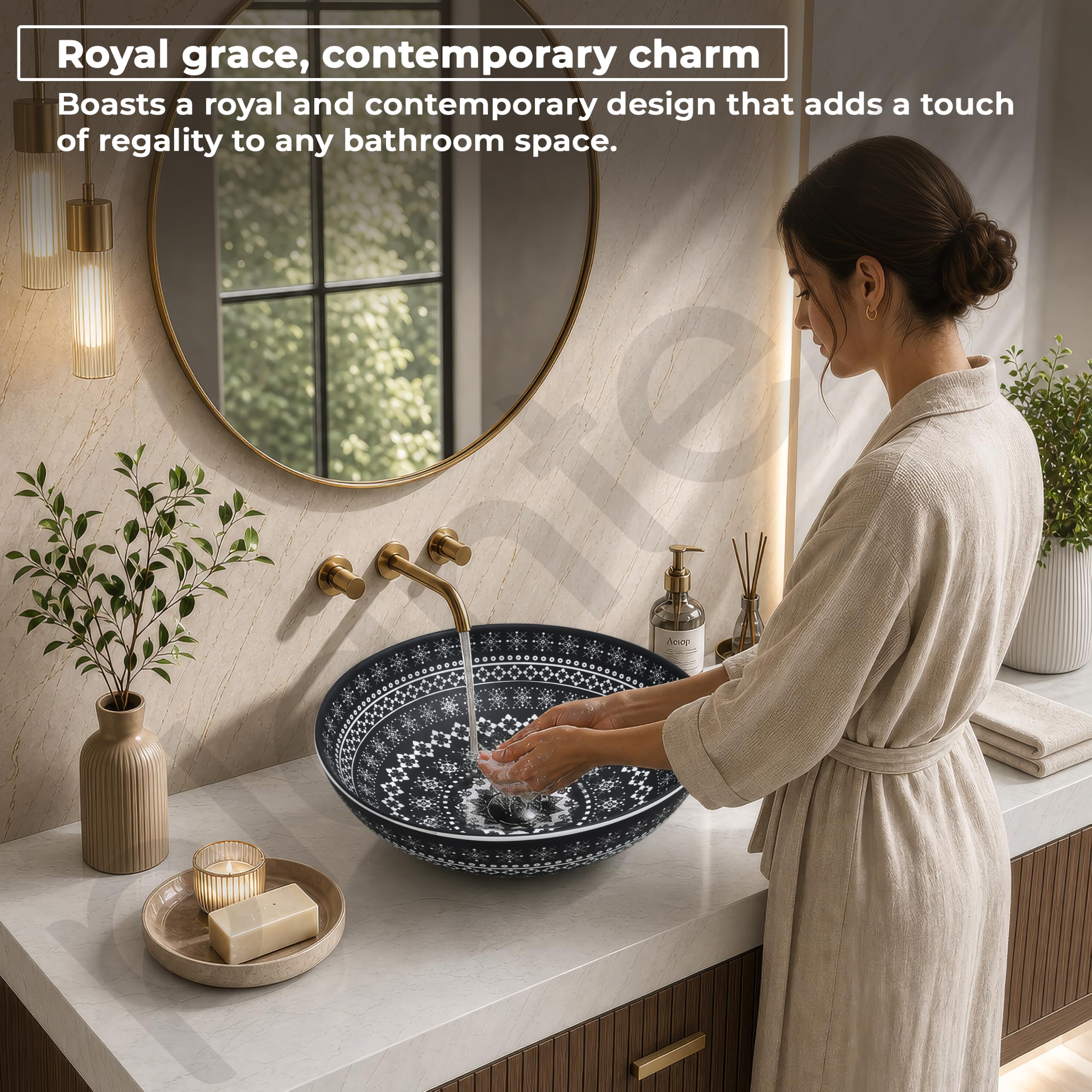 Plantex Ceramic Round Wash Basin for Bathroom/Designer Table Top Washbasin/Countertop Hand Basin for Restaurant/Hotel (15.5x15.5x4.5 Inch - Black & White) 4