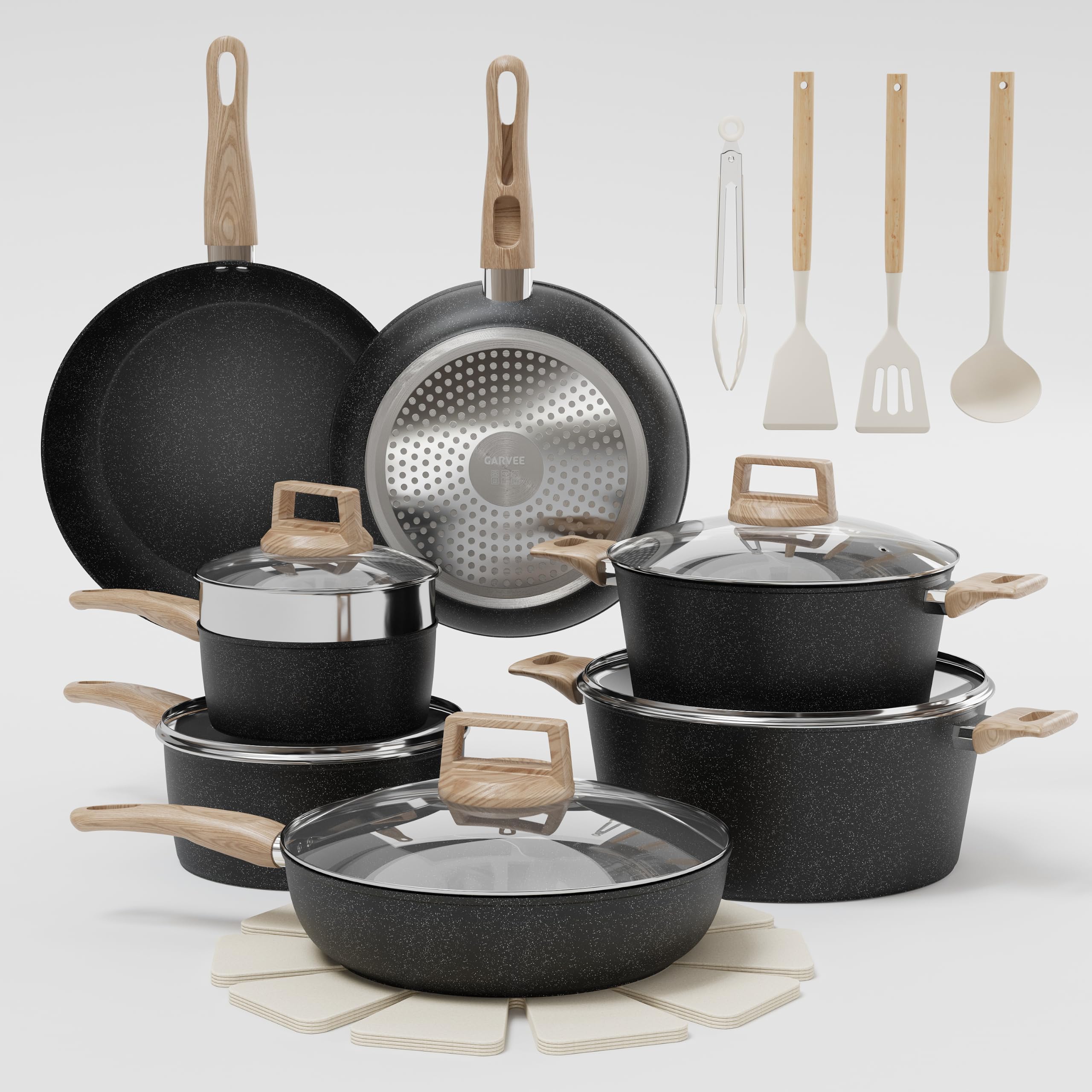21-teiliges Kochgeschirr-Set aus Aluminium Antihaftbeschichtung, Induktion, gleichmäßiges Erhitzen, mit Dampfgarer + Utensilien, Schwarz