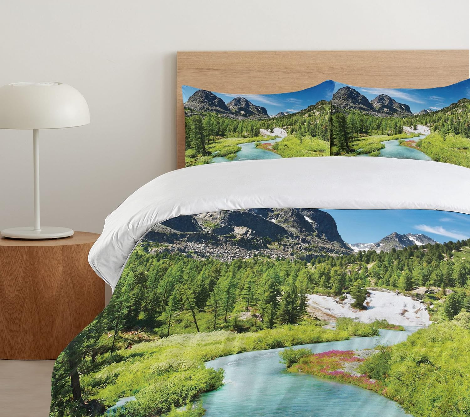 Ambesonne Mountain Duvet Cover Set, Rainforest River with Rocky Mountains Scenery Siberia Whitewater Altai Pine Forest, Decorative 3 Piece Bedding Set with 2 Pillow Shams, King Size, Blue Green King Blue Green