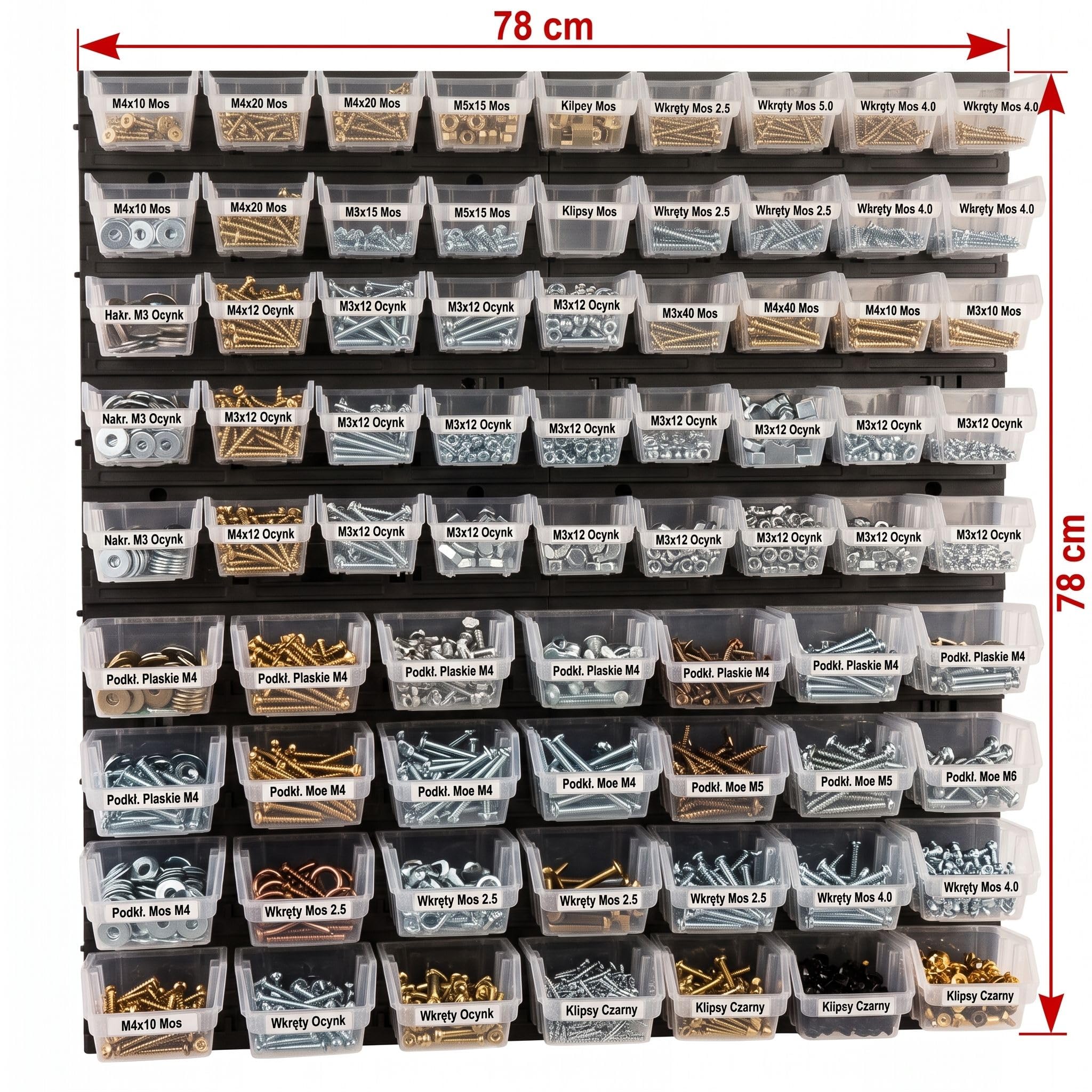 Étagère murale d'atelier avec 73 boîtes de tri transparentes, système de rangement pour vis, écrous et petites pièces, en plastique, 78 x 78 cm, capacité de charge jusqu'à 40 kg, pour garage, entrepôt